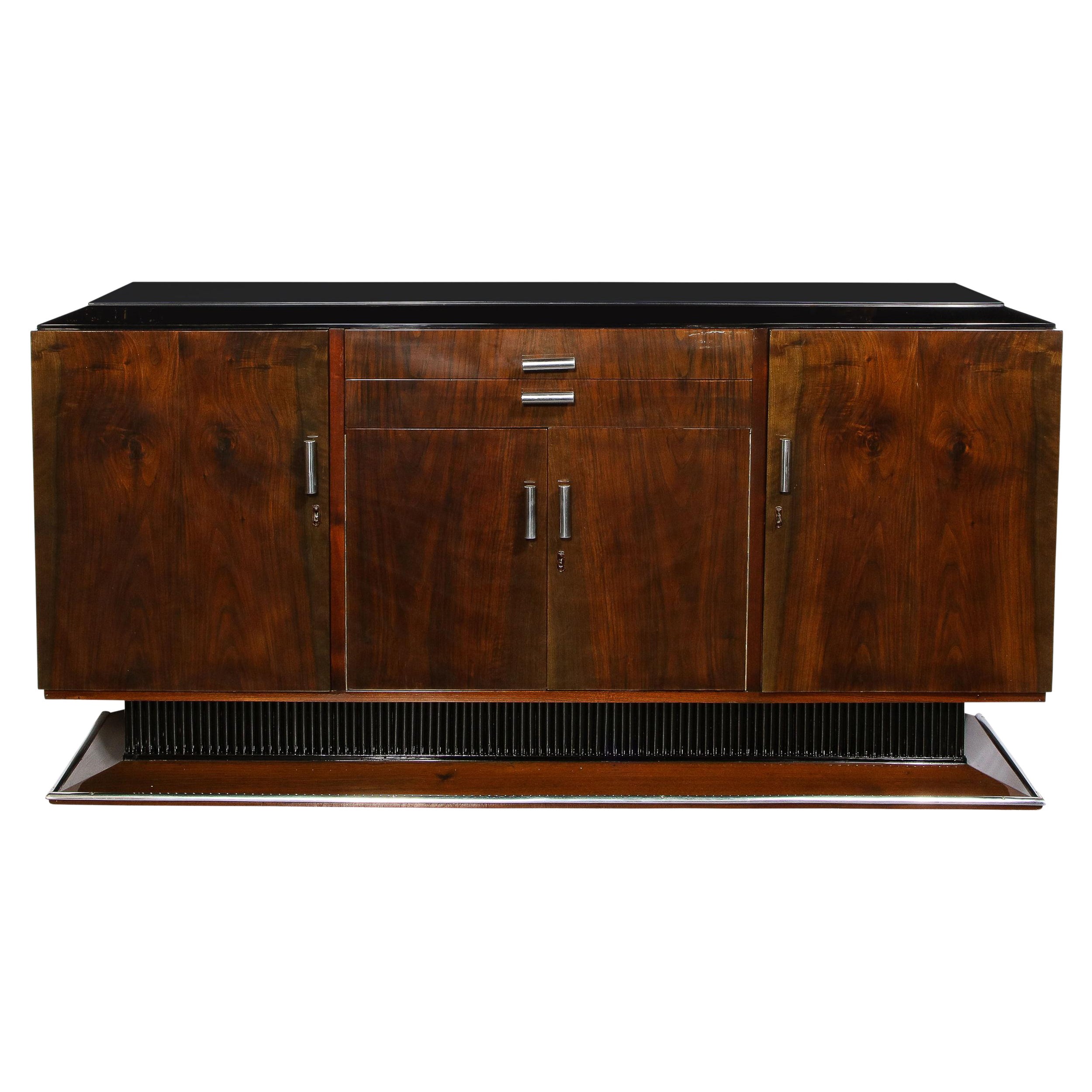 Art Deco Bookmatched Walnut & Lacquer Sideboard with Streamlined Aluminum Pulls For Sale