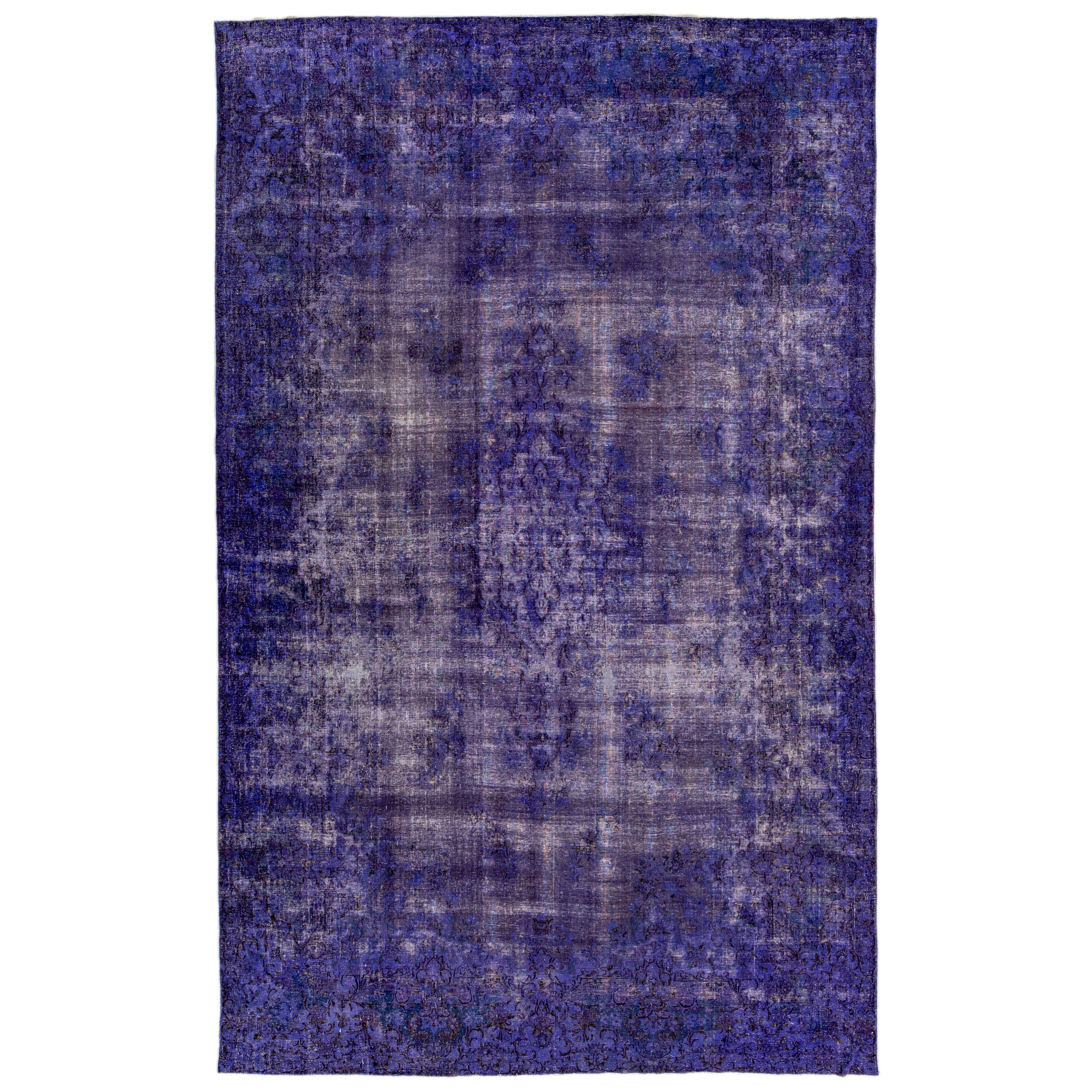 Purple Vintage Overdyed Handmade Medallion Motif Oversize Wool Rug For Sale