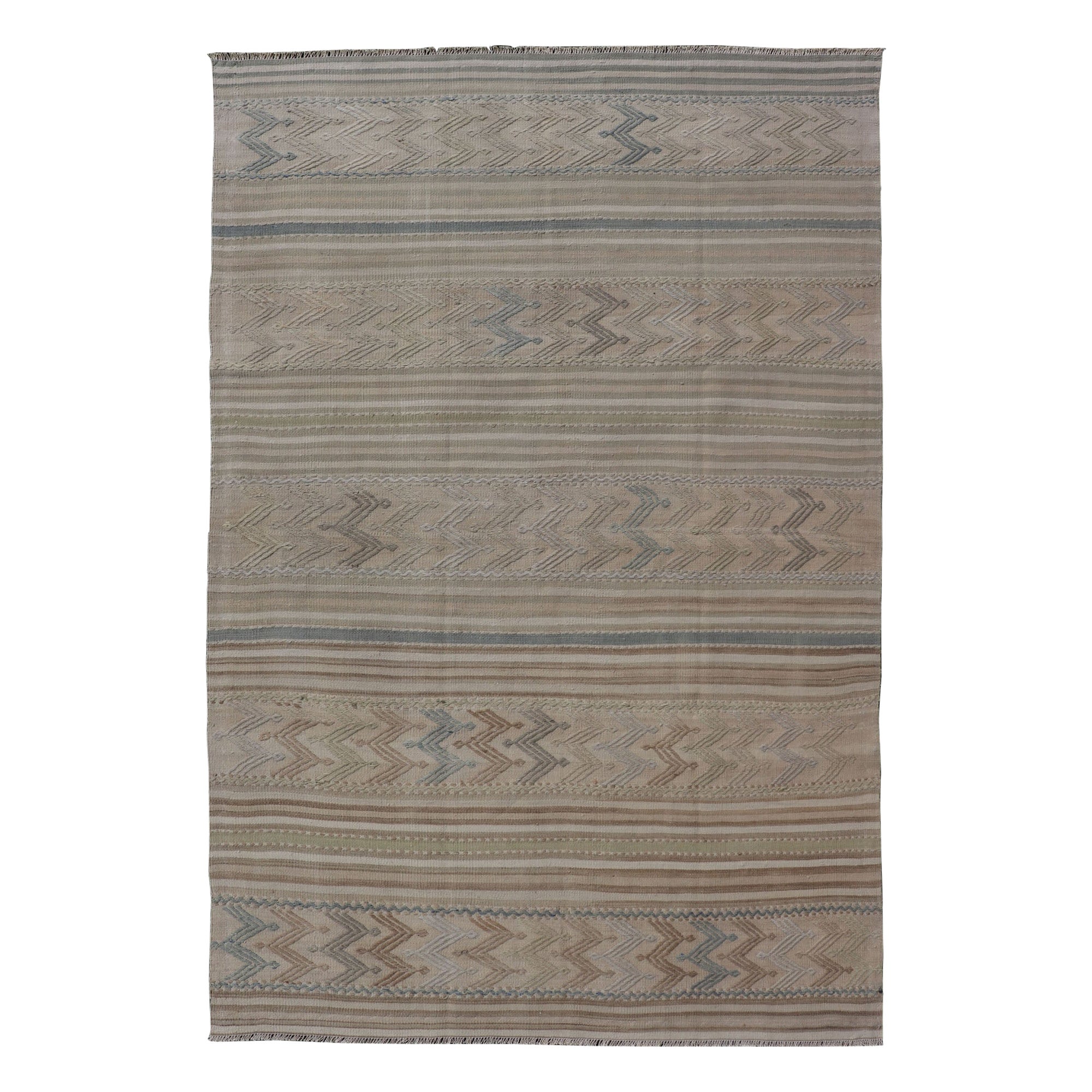 Vintage Turkish Flat-Weave Muted Colored Kilim in Taupe, Brown and Light Blue