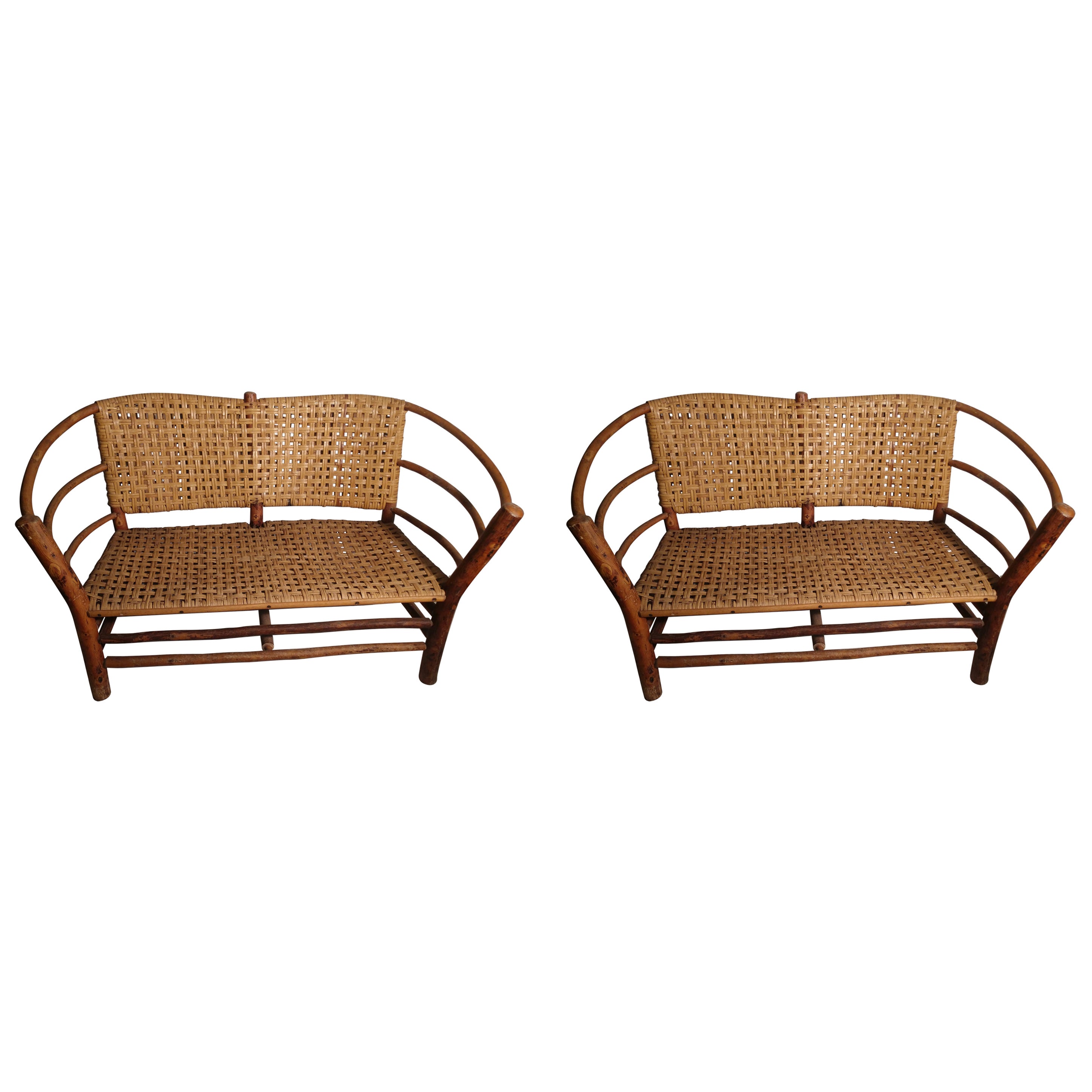 Pair of Adirondack Old Hickory 2 Seat Sofa Settee with Woven Splint Seat & Back