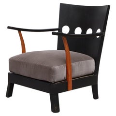 Cor Alons Inspired Black Painted Wood Lounge w/ Gray Velvet Seat, Circle Details