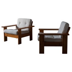 Finnish Cabinetmaker, Lounge Chairs, Solid Pine, White Fabric, Finland, 1960s