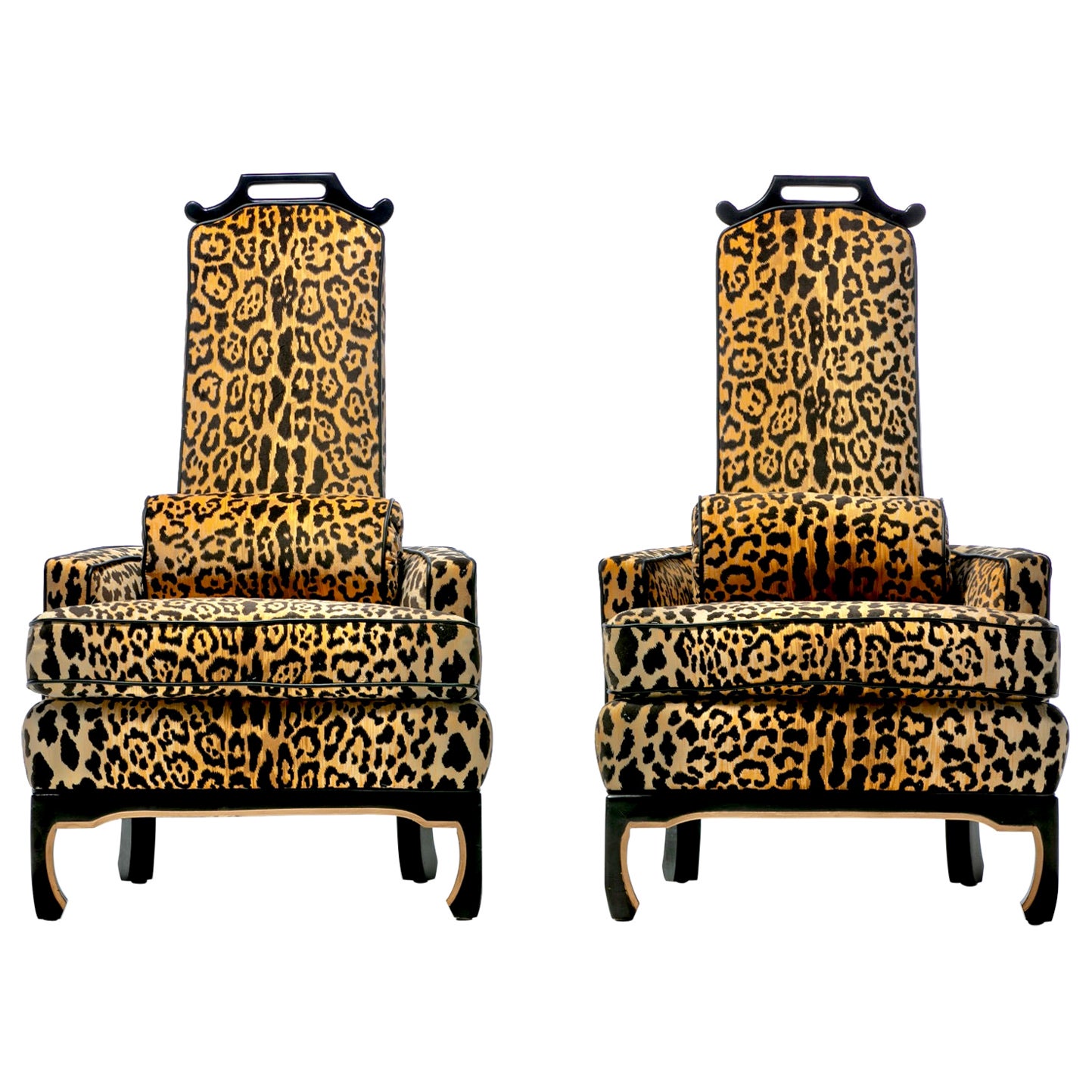 Pair of 1960s Hollywood Regency Chairs in Leopard Velvet & Black Leather Piping