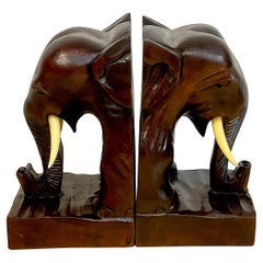 Pair of Anglo-Indian Carved Teak Elephant Bookends