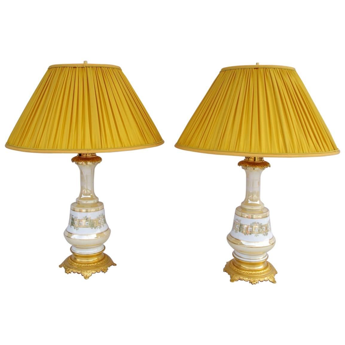 Pair of Iridescent White and Cream Paris Porcelain Lamps, Mounted in Gilt Bronze