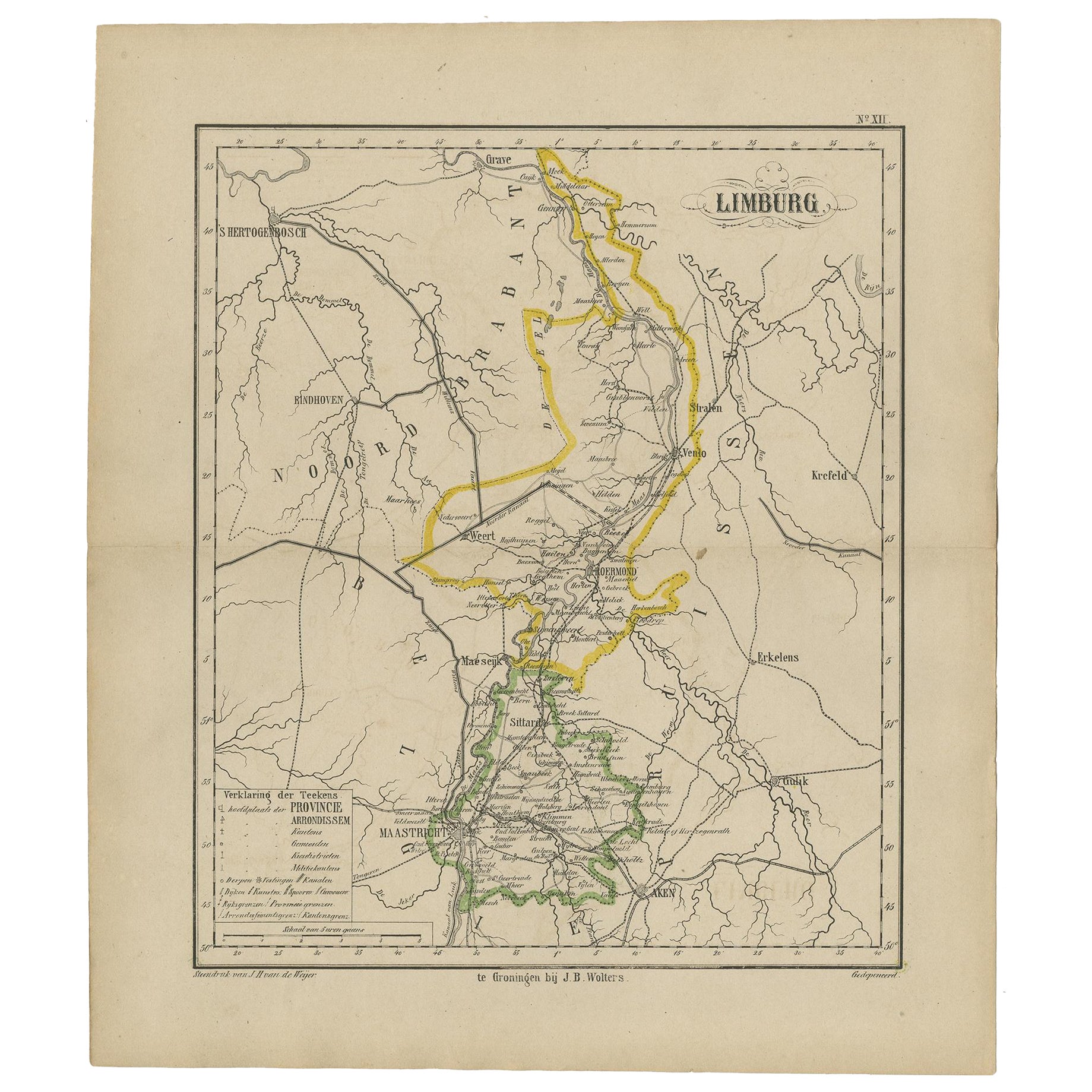 Antike Karte der Provinz Limburg, Niederlande, 1864