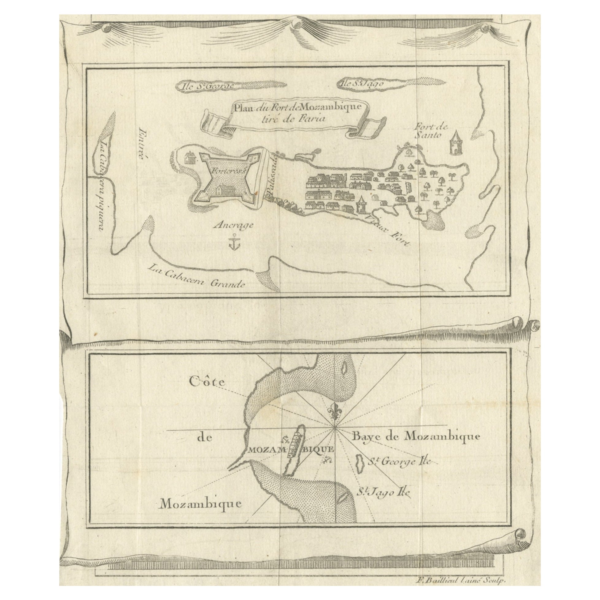 Antique Map of Fort Mozambique and Mozambique Bay in Africa, c.1759