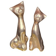 Retro Mid-Century Modern Polished Brass Cat Figurines, a Pair