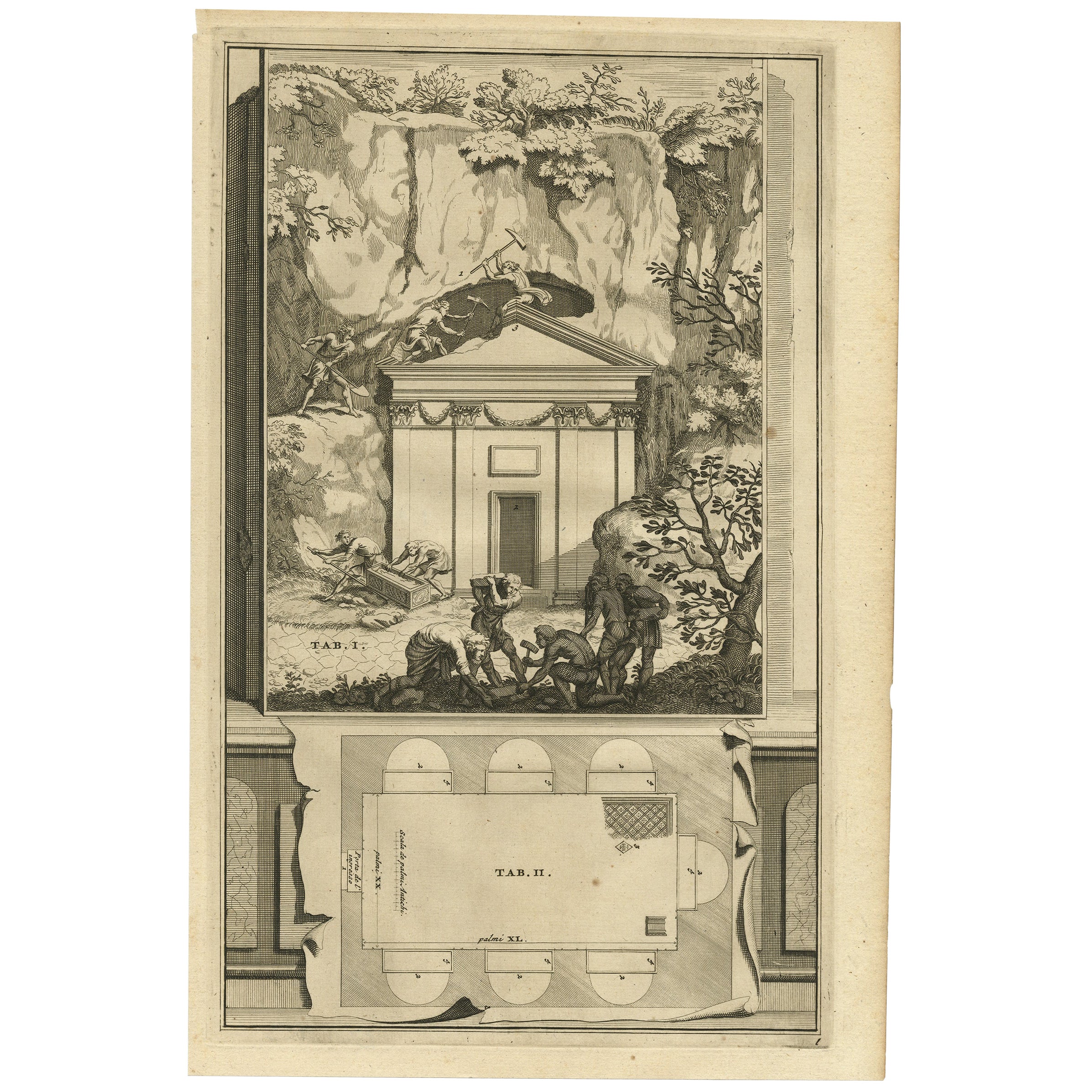 Antique Print of An Ancient Roman Tomb and a Floor Plan in Rome, Italy, 1704