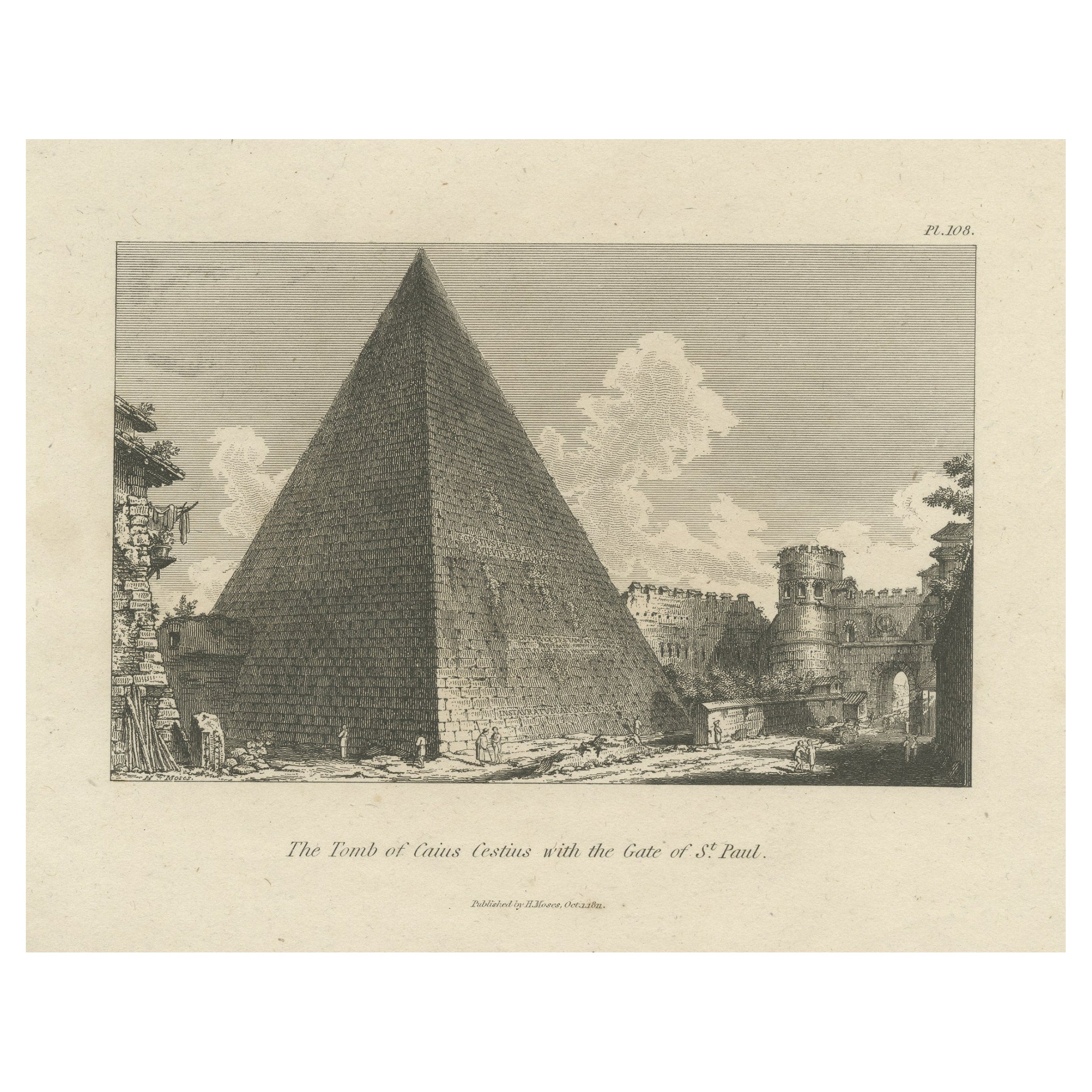 Antique Print of the Pyramid of Cestius in Rome, Italy, 1814