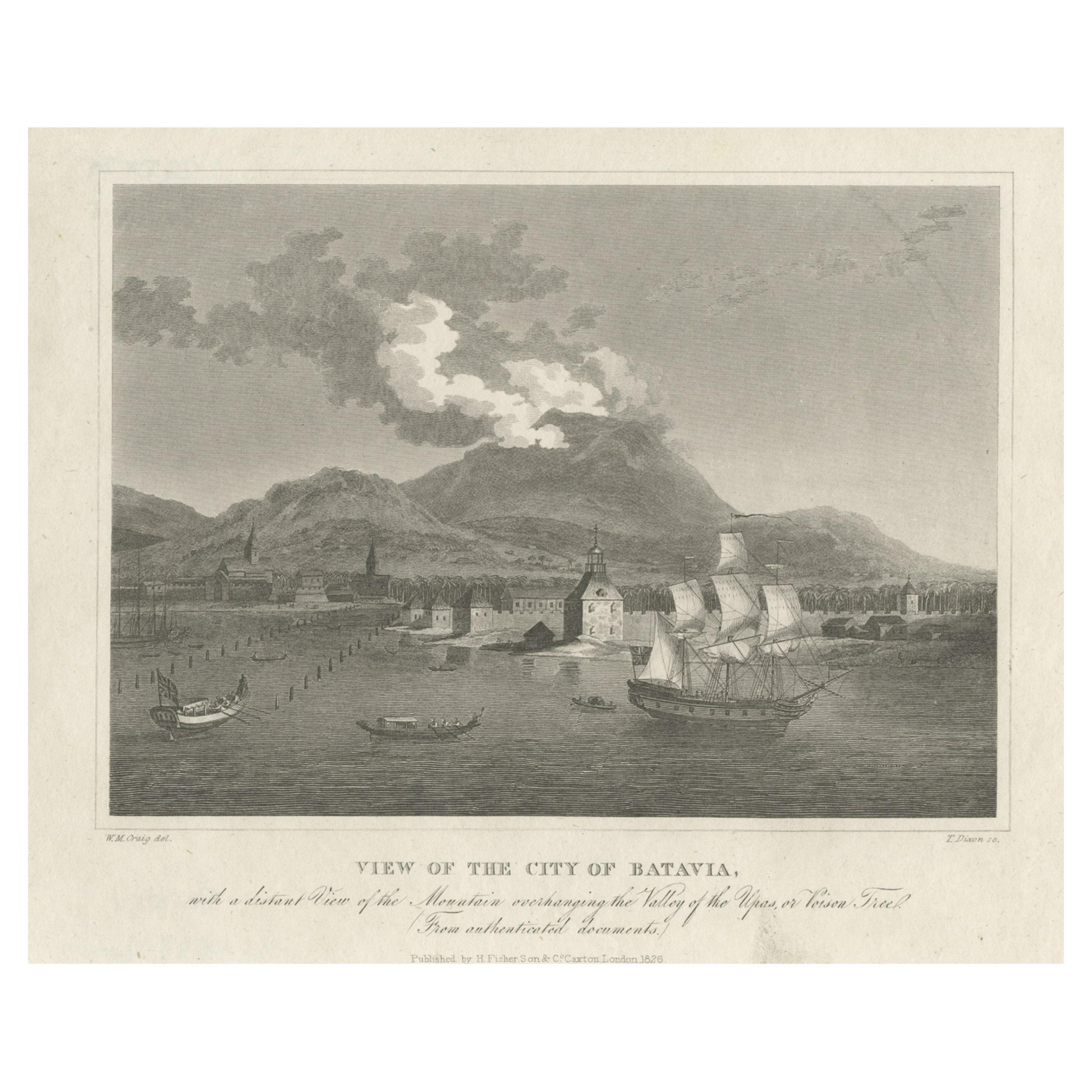 Antiker antiker Druck des Hafens Sunda Kelapa von Batavia in niederländischen Indien, 1826