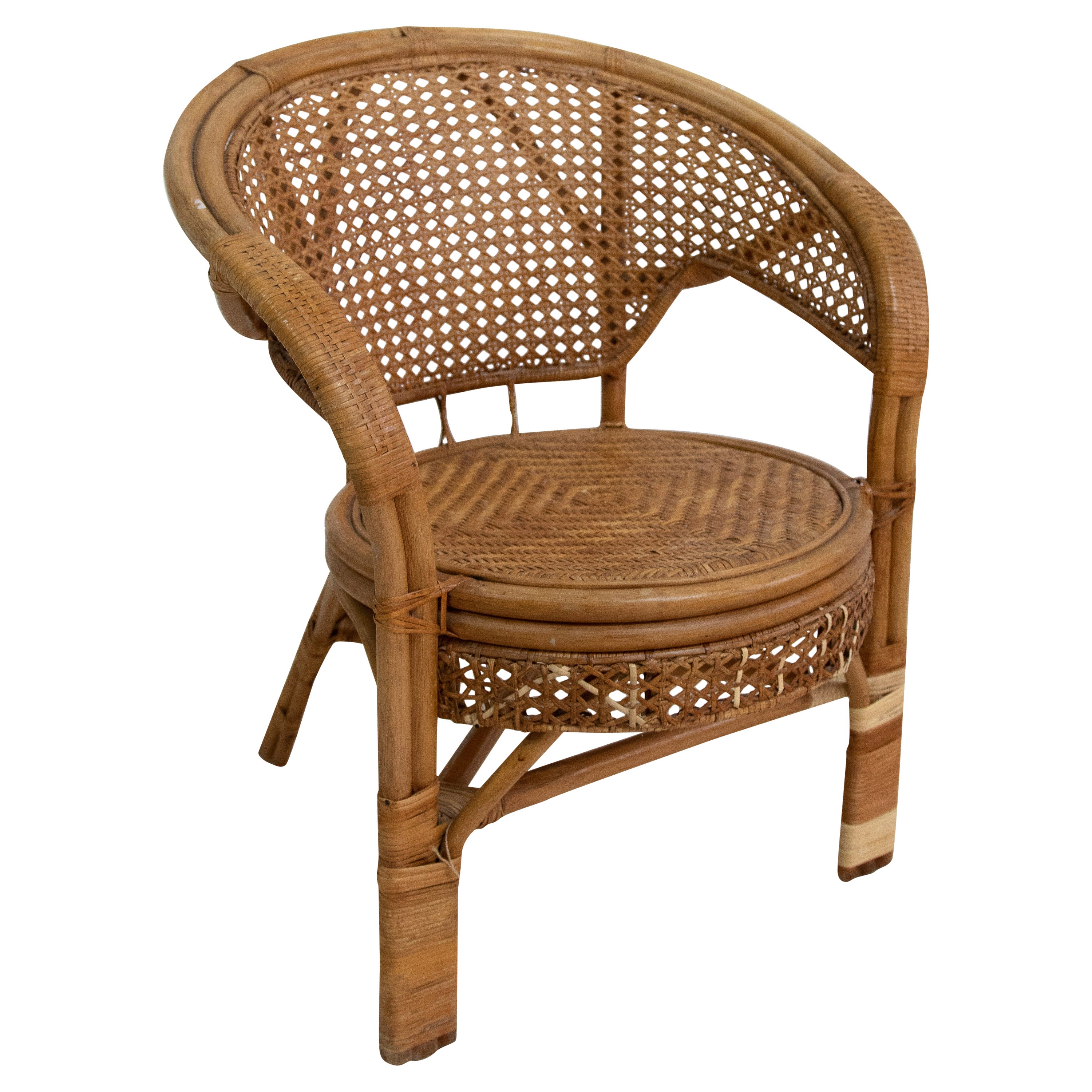 1950s Wicker and Bamboo Armchair with Mesh Backrest For Sale