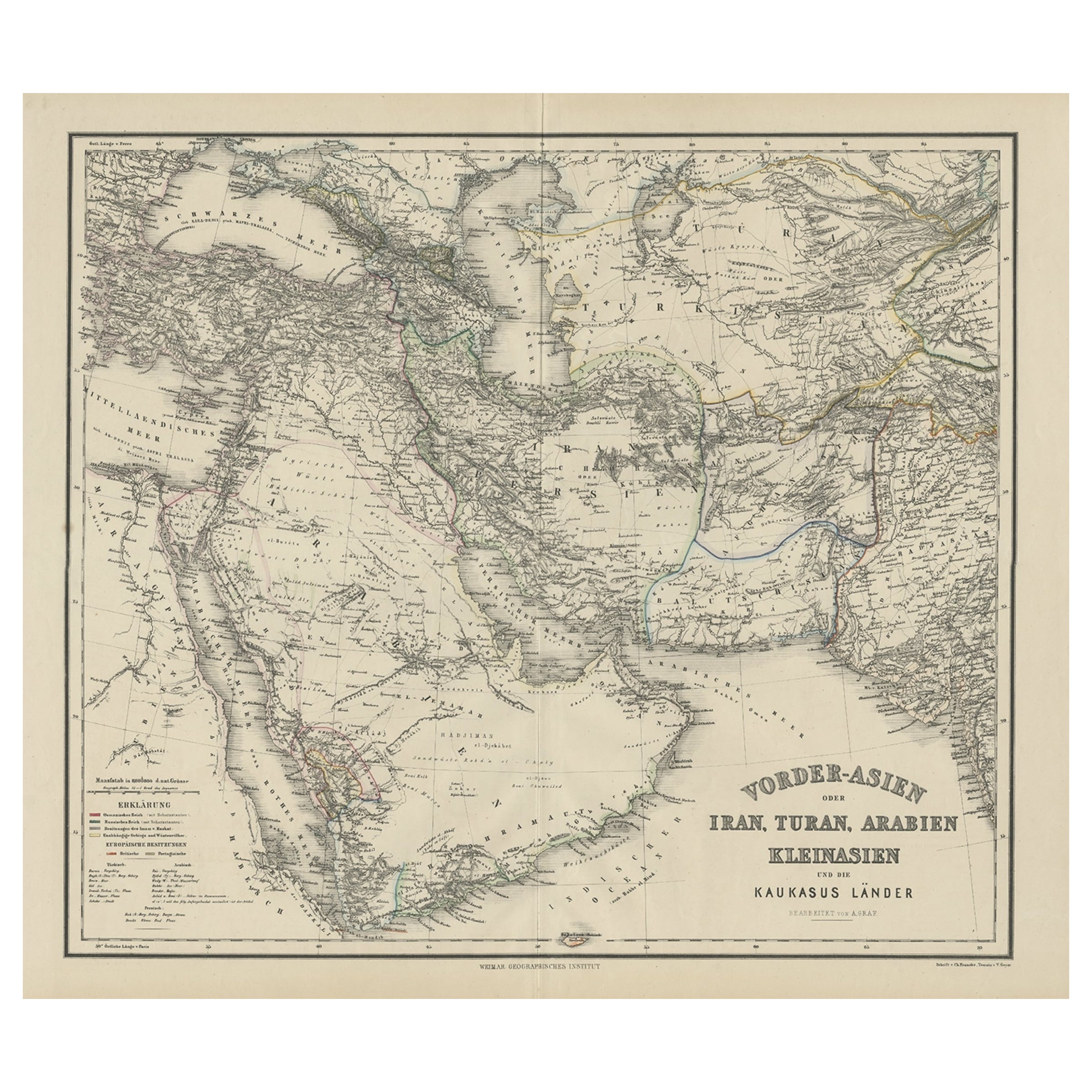 Old German Antique Map of Iran and Arabia, 1866 For Sale