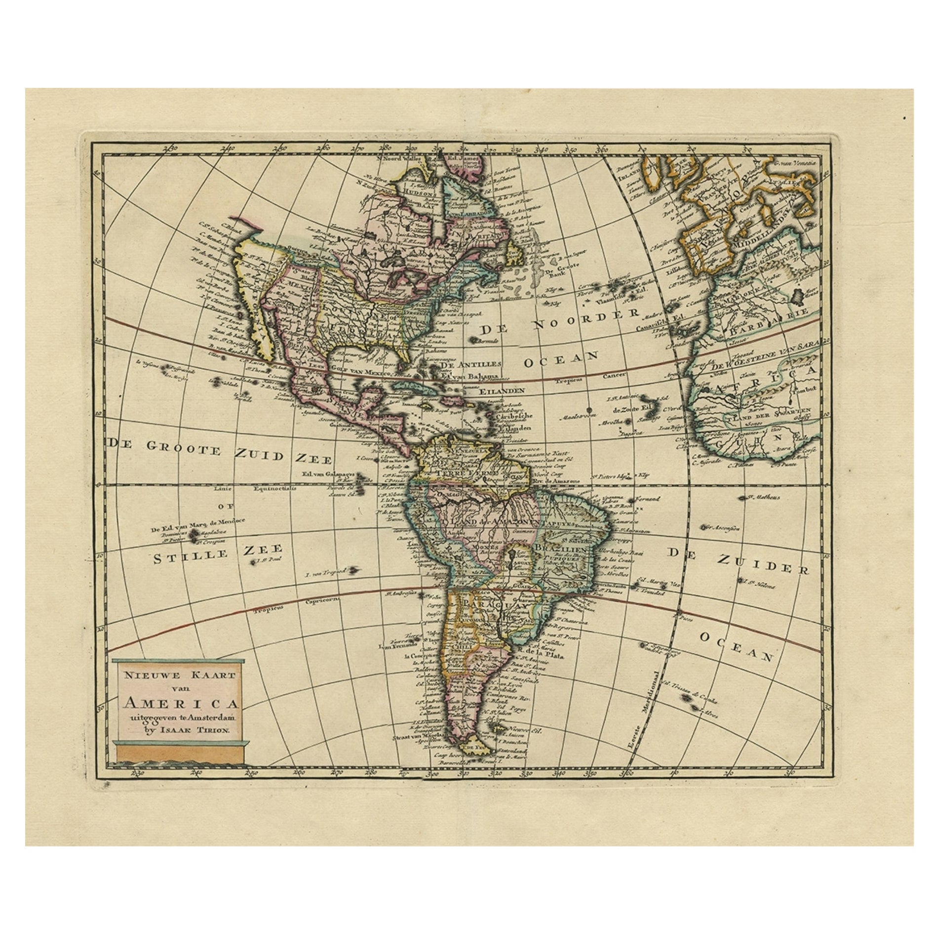 Carte ancienne colorée à la main d'Amérique du Nord et du Sud, vers 1765
