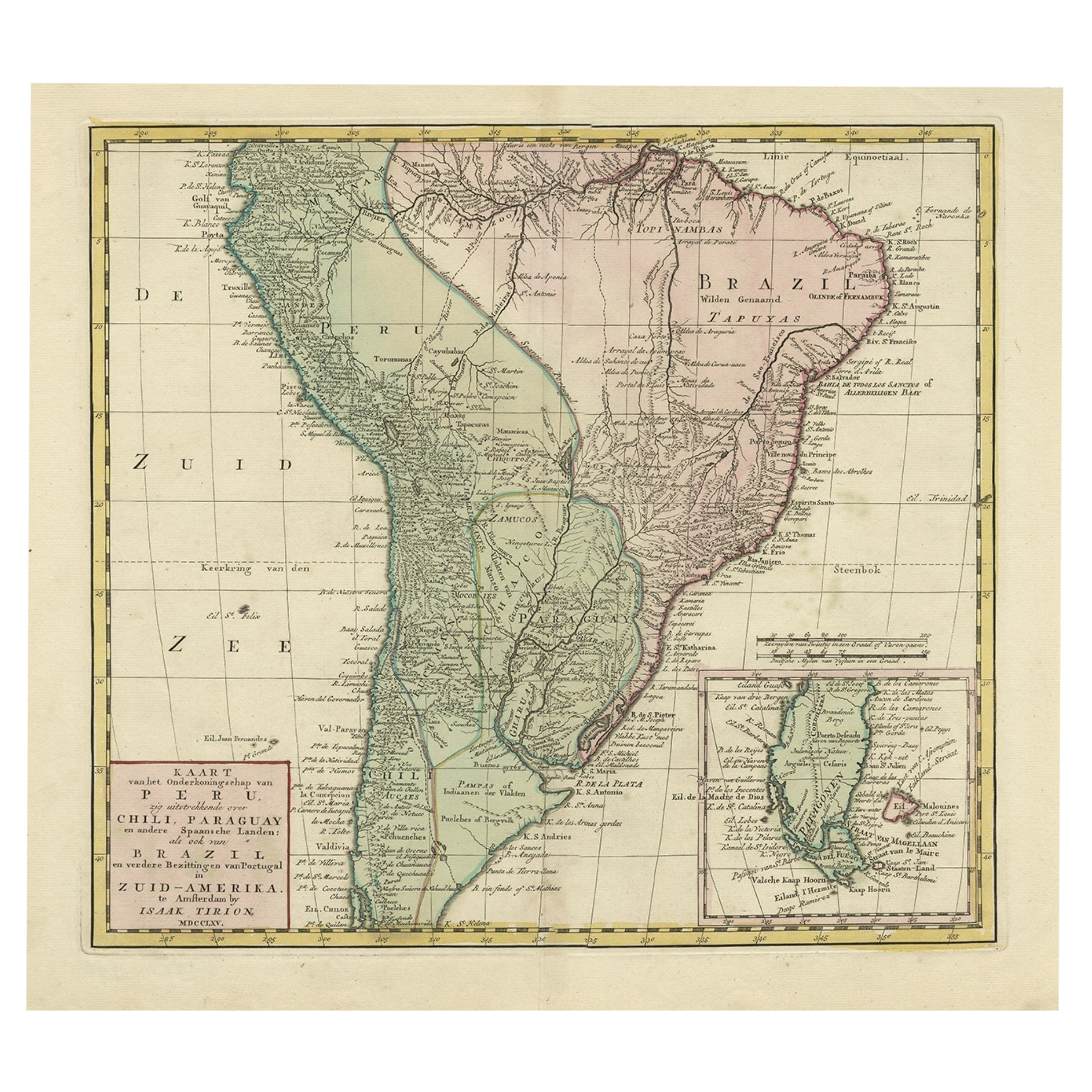 Ravissante carte ancienne d'Amérique du Sud collectionnée à la main, vers 1765