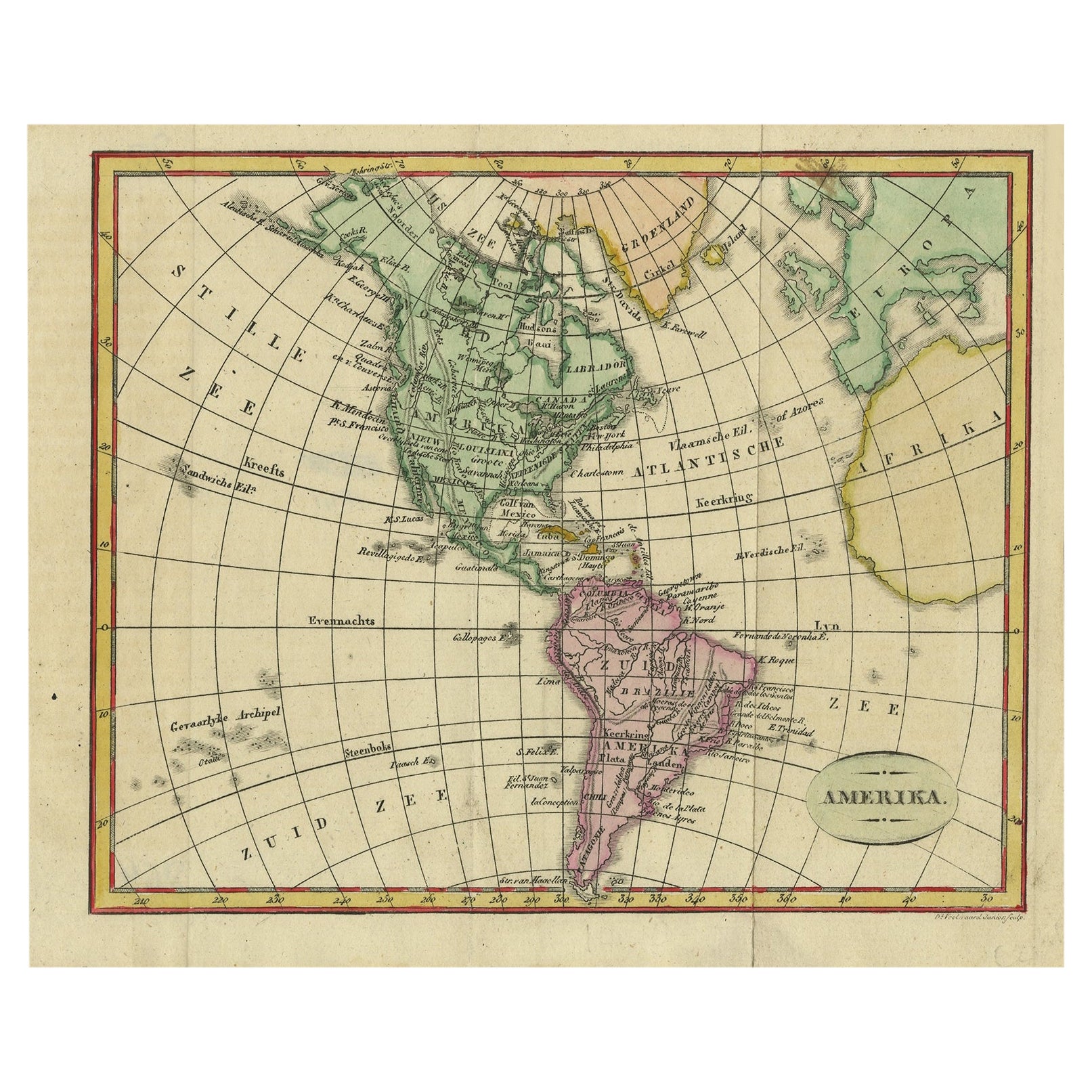 Decorative Dutch Antique Map of North and South America, 1841 For Sale