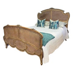 King Size (5') French Antique Caned Bed with Carved Wood Frame