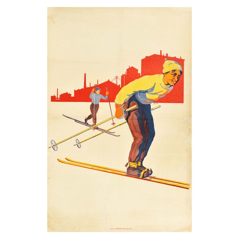 Original Vintage Winter Sport Skiing Poster Cross Country Skiers Worker  Wellness at 1stDibs