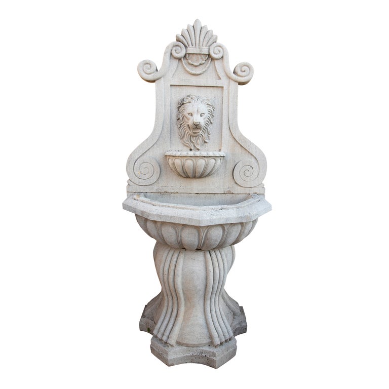 Hand Carved Stone Lion Head Wall Fountain For Sale at 1stDibs