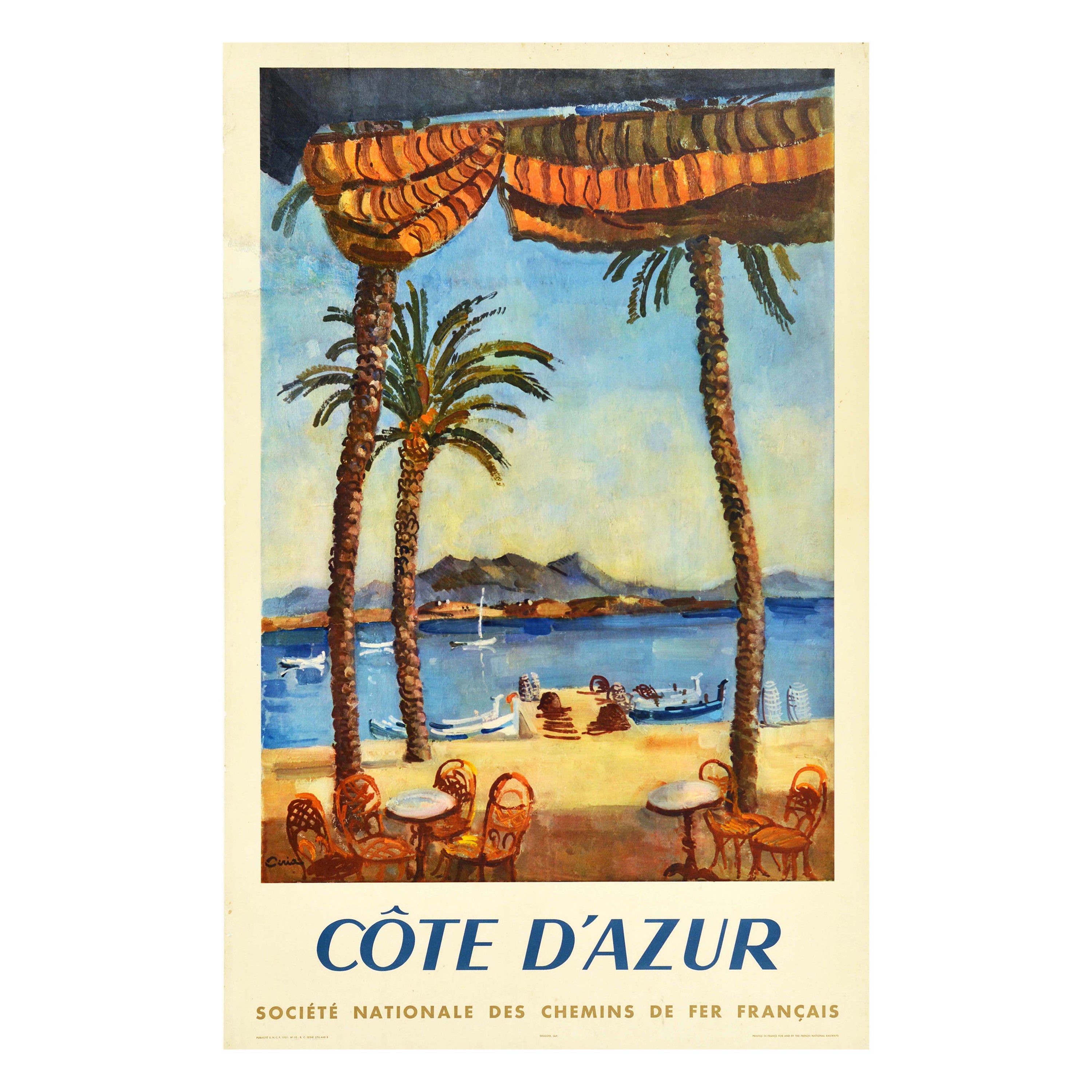 Original Vintage Rail Travel Poster Cote D'azur French Riviera Mediterranean Sea
