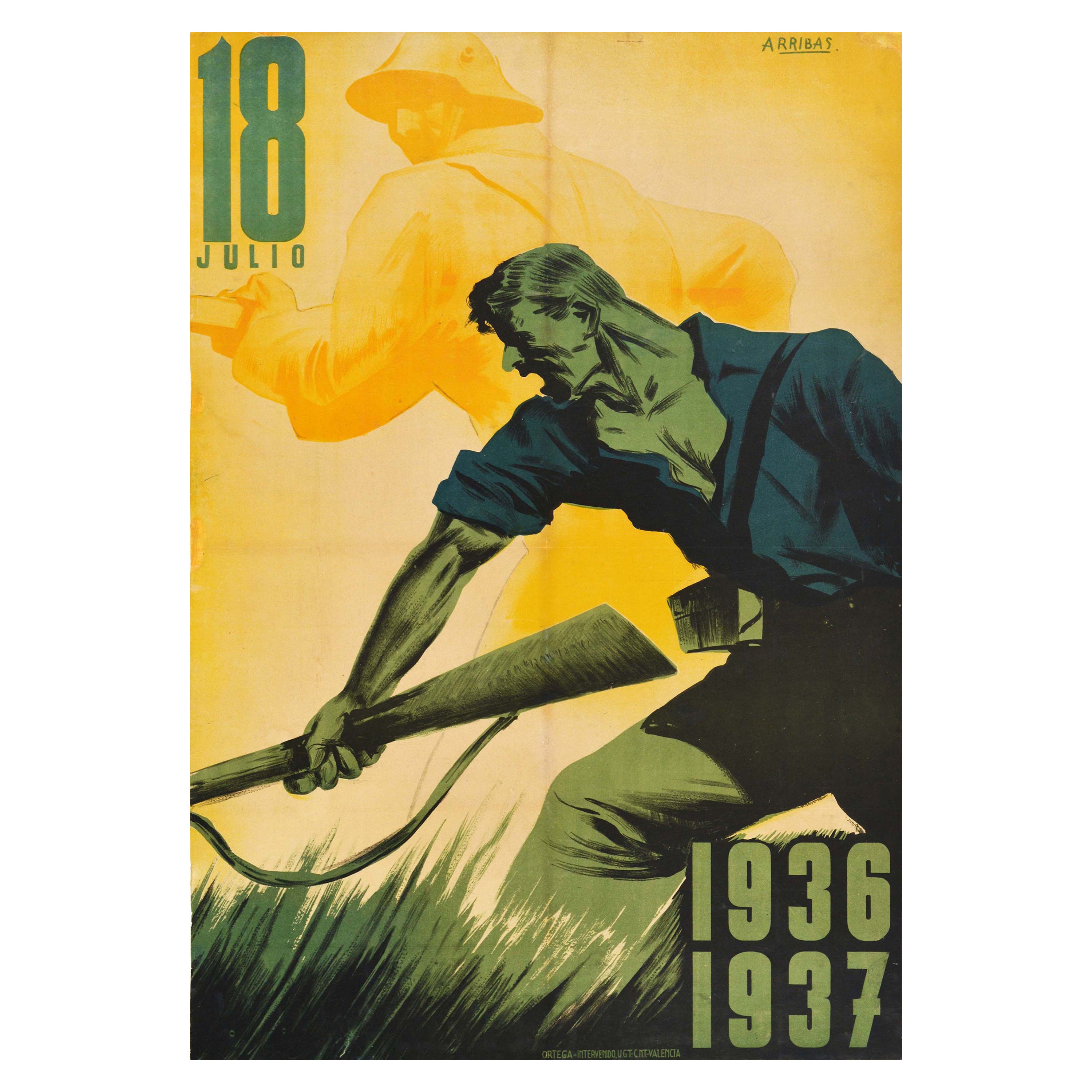 Original Vintage Spanish Civil War Poster July 18 Julio 1936 1937 Anniversary