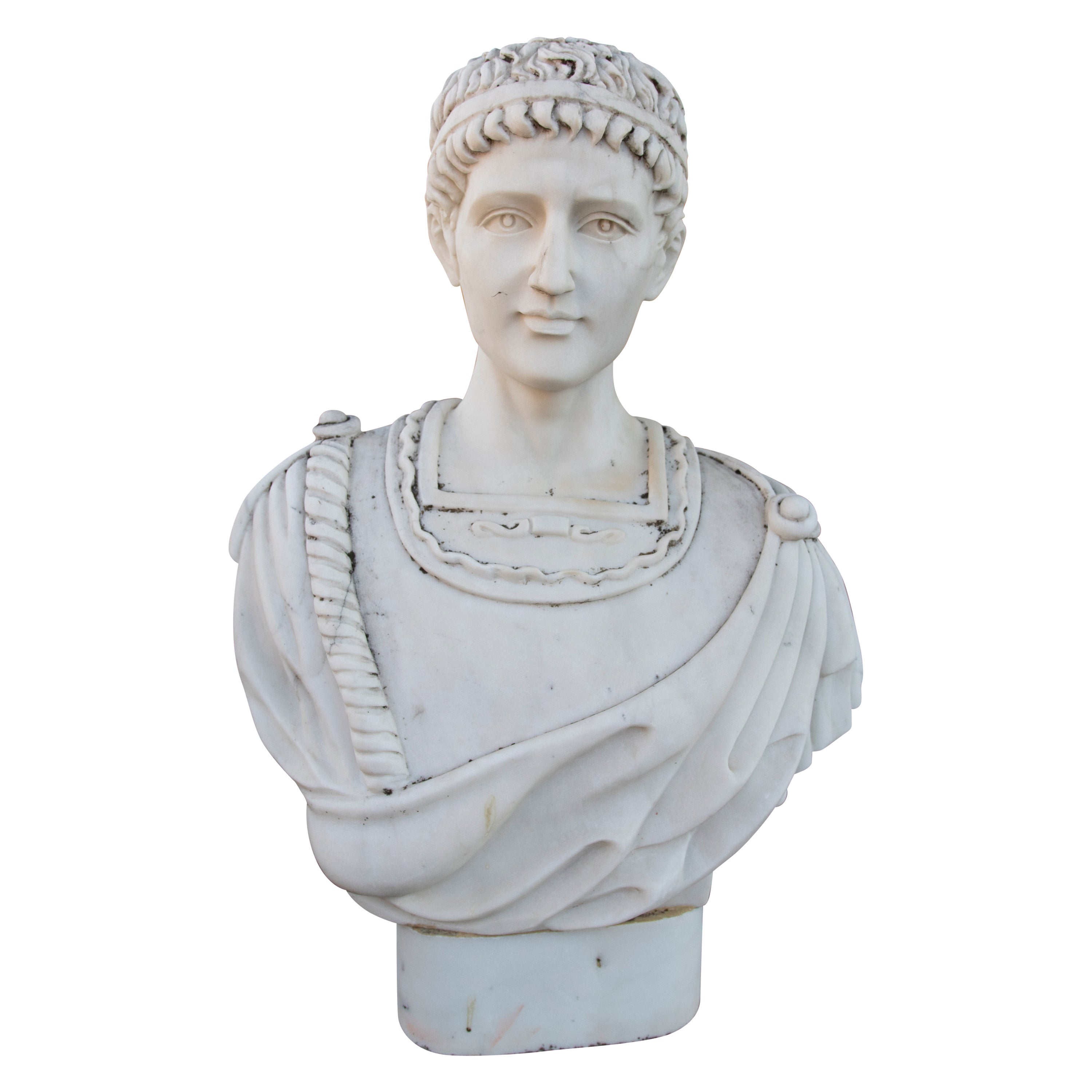 Bust of a Roman Character with Toga, Hand Carved in White Marble For Sale
