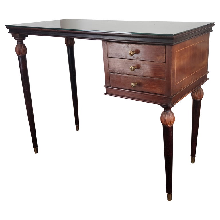 1960s Italian Art Deco Midcentury Walnut Brass Small Desk Writing Table For Sale