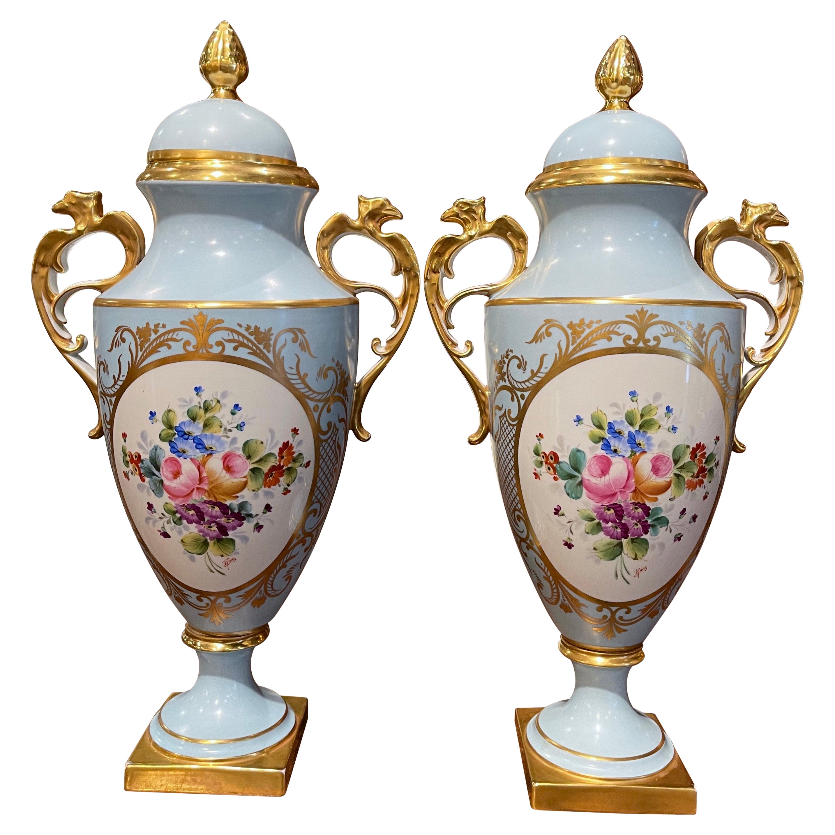 Pair of Mid-Century French Hand-Painted Porcelain Limoges Urns Signed Rene Caire