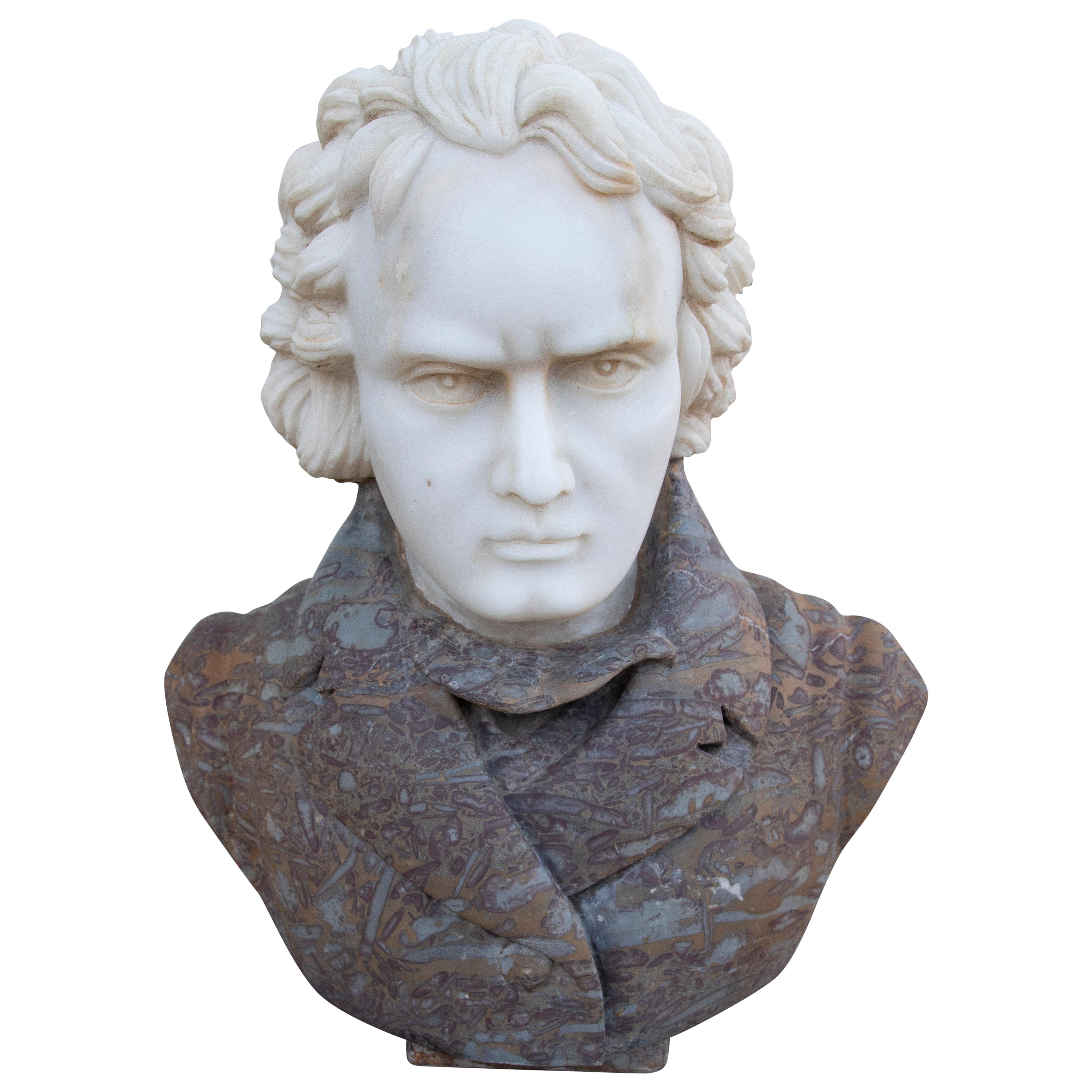Hand Carved Marble Bust of Beethoven Using Two Types of Marble