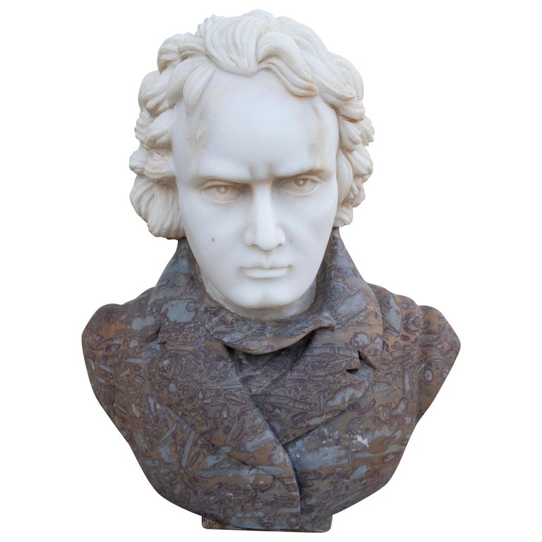 Hand Carved Marble Bust of Beethoven Using Two Types of Marble For Sale