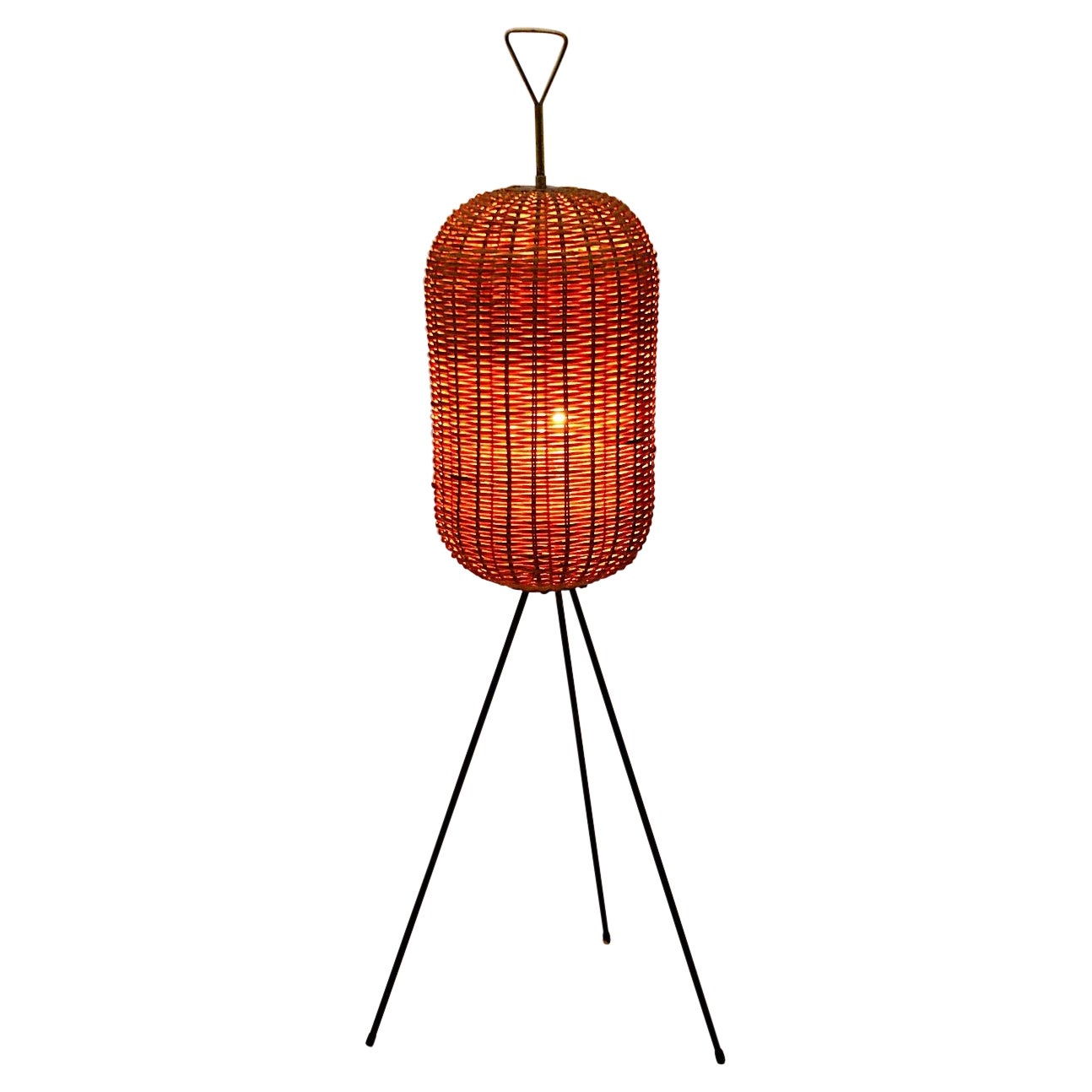 Mid-Century Modern Vintage Organic Sculptural Brass Rattan Floor Lamp 1950s  For Sale