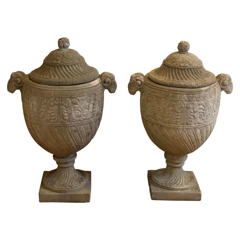 Pair of Antique Neoclassical French Stone Ram Head Urns / Planters with
