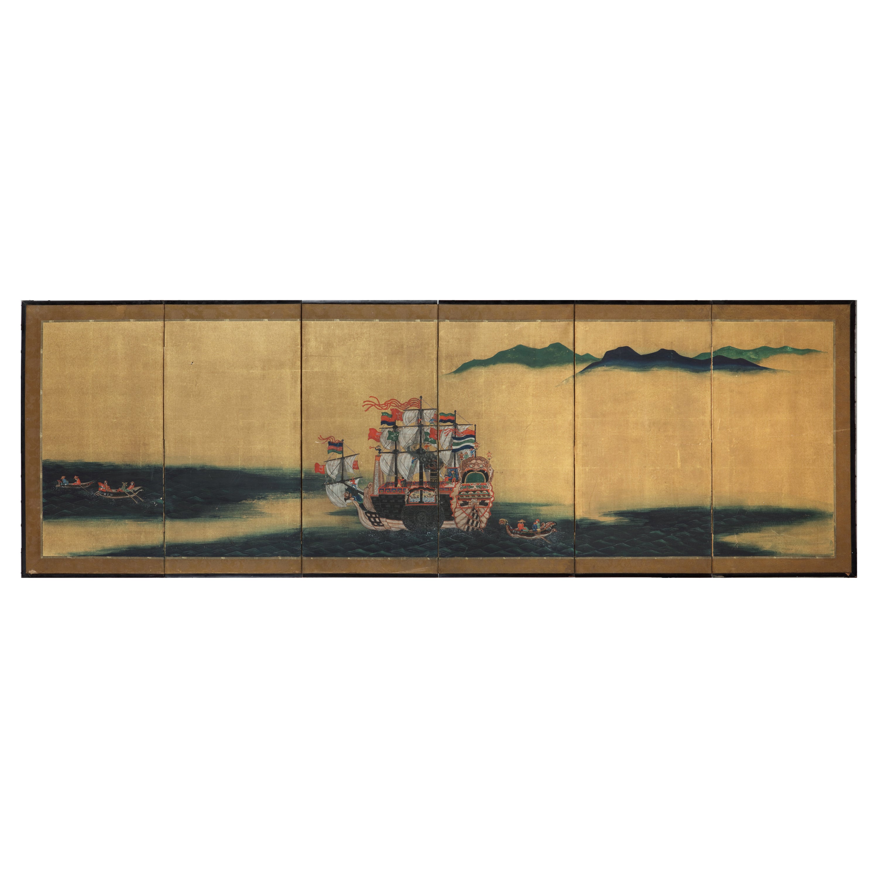 Japanischer Bildschirm mit der Darstellung des Flaggschiffs der USA, Commodore Perrys USS Mississipi im Angebot