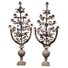 Pair of Mid-Century Italian Carved Painted and Metal Candelabras