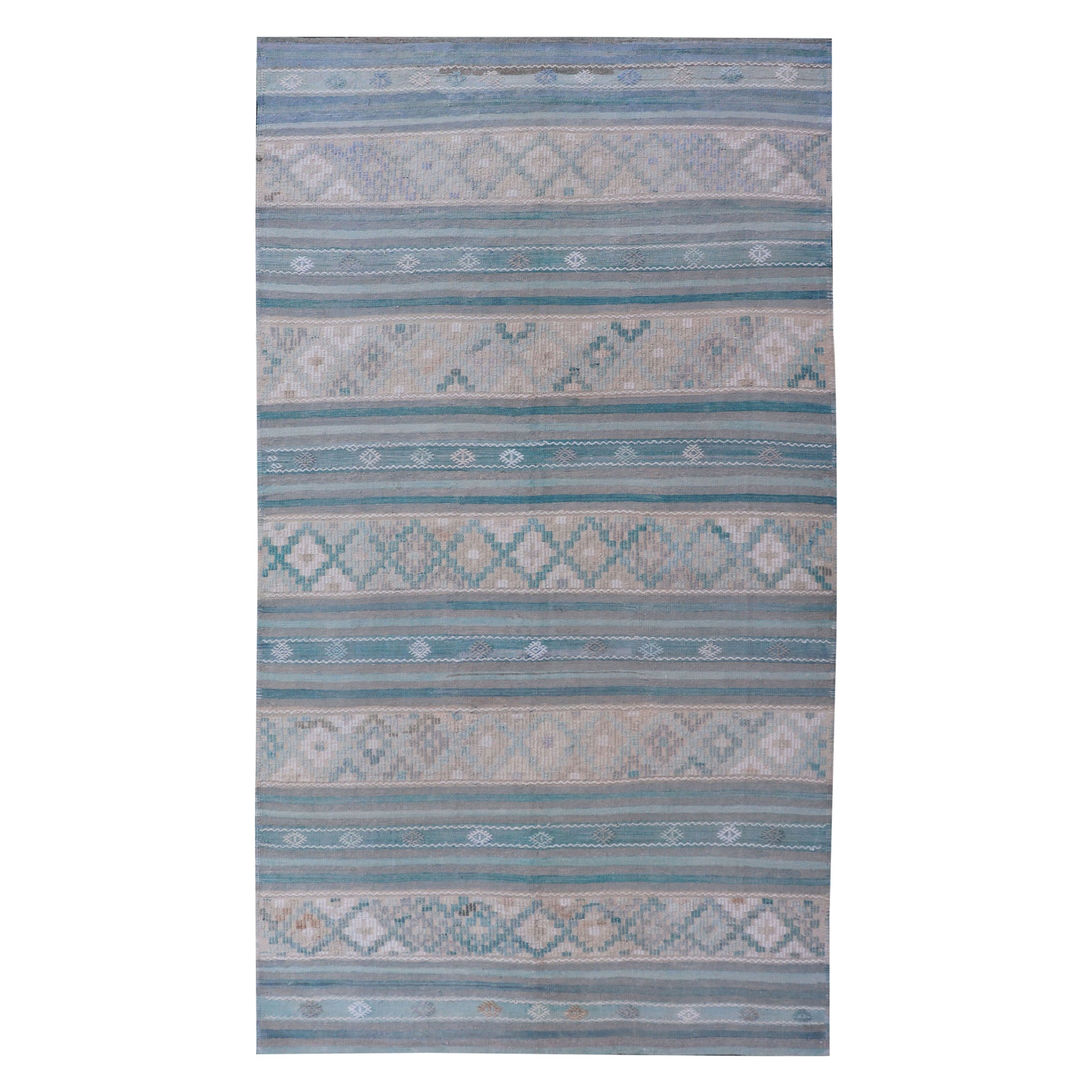 Turkish Flat-Weave Kilim in Soft Colors with Stripes and Embroideries For Sale