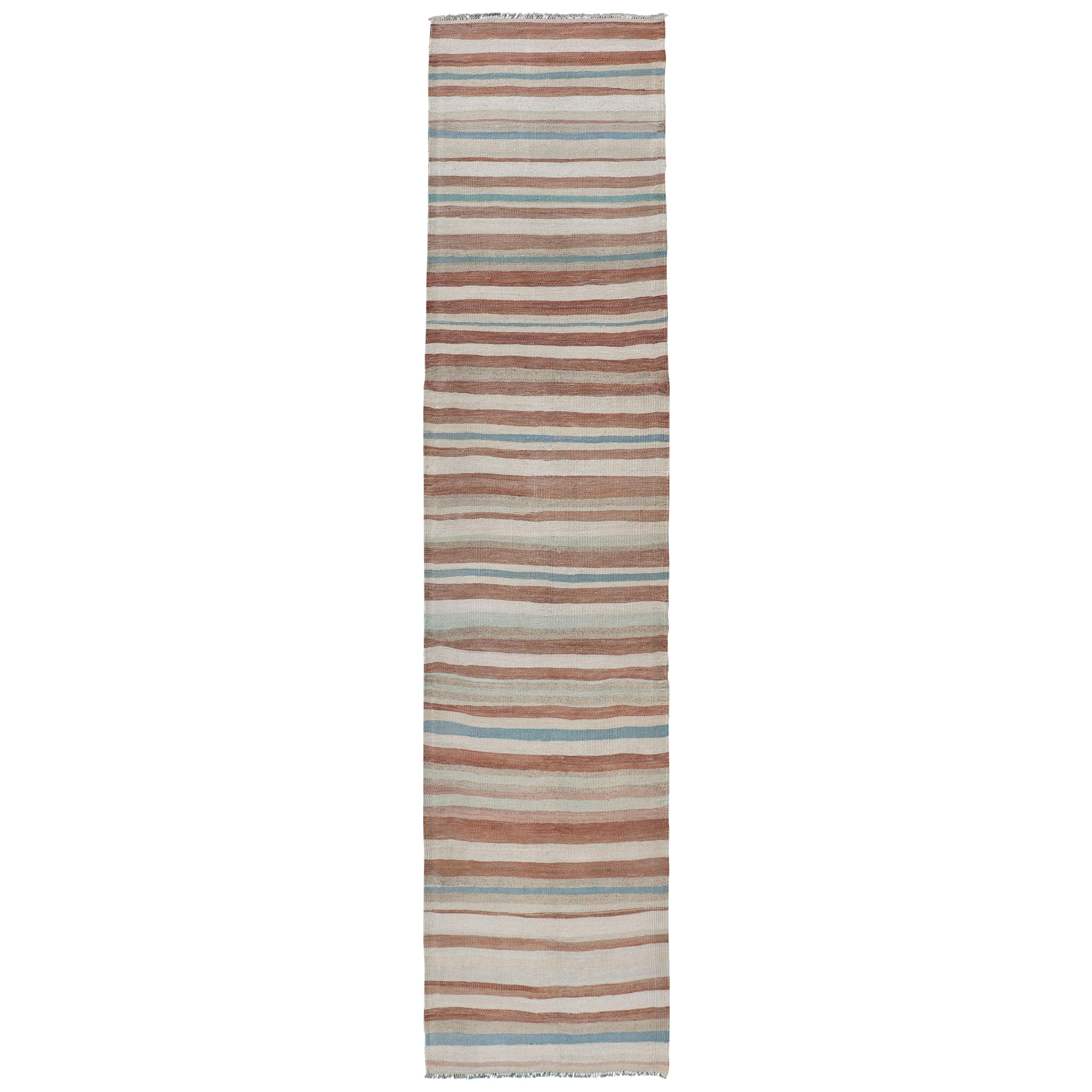 Striped Vintage Turkish Kilim Runner in Shades of Brown, Cream, and Blue For Sale