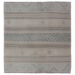 Muted Retro Turkish Kilim Rug with Horizontal Stripes & Tribal Motifs