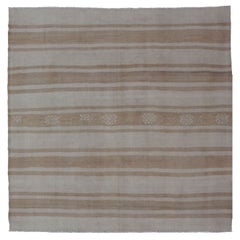 Square Flat-Weave Kilim Vintage Rug from Turkey with Horizontal Stripes in Taupe