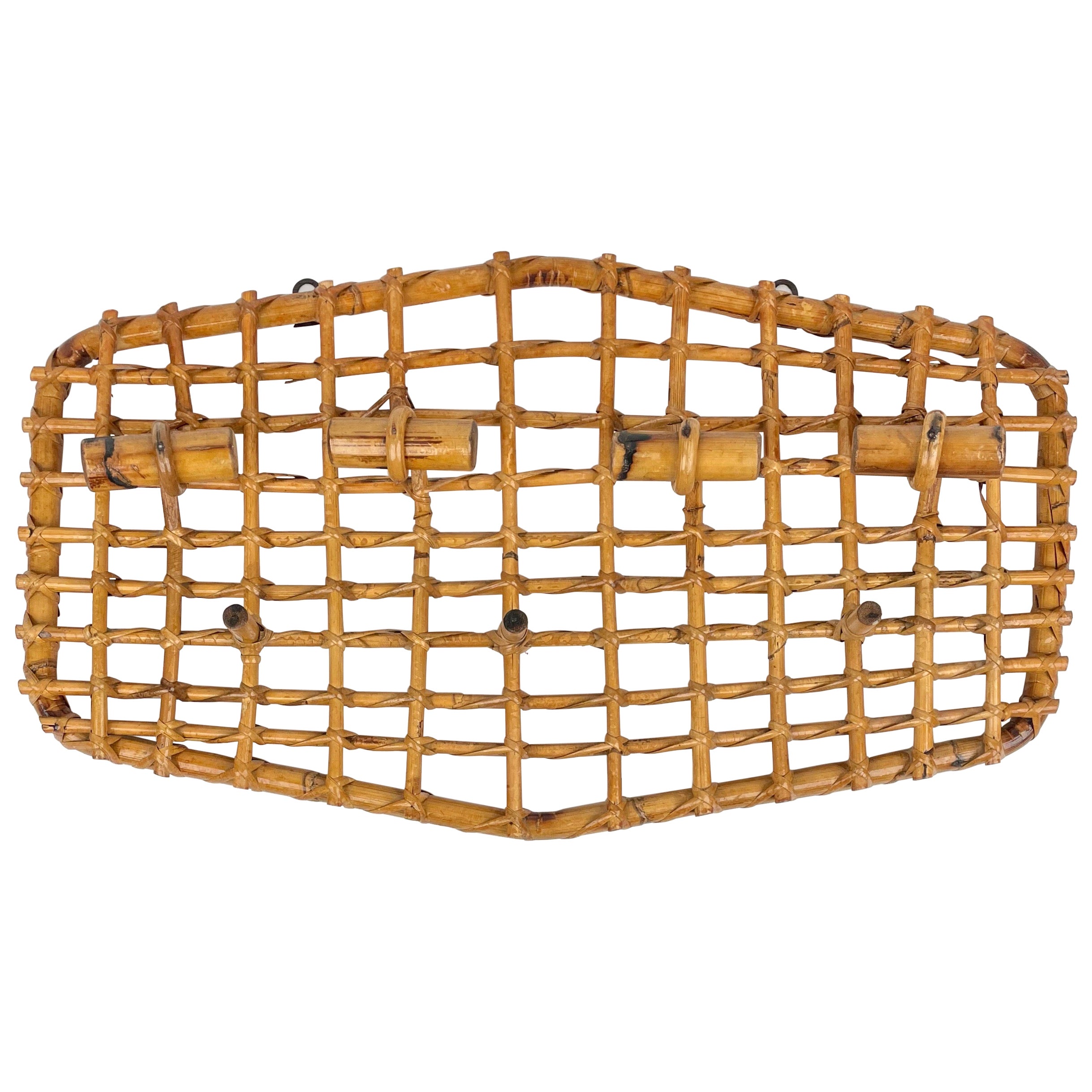 Bamboo & Rattan Coat Rack Hanger Attributed to Olaf von Bohr, Italy, 1950s For Sale