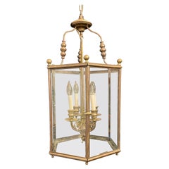 Fine English Brass Bronze Octagonal Glass Panel Lantern Light Pendent Fixture
