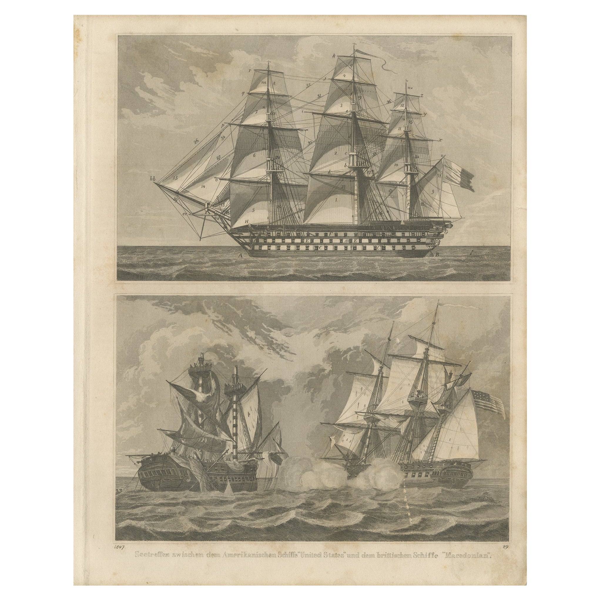 Antique Sea Battle Print Between an American and a British Ship, 1847