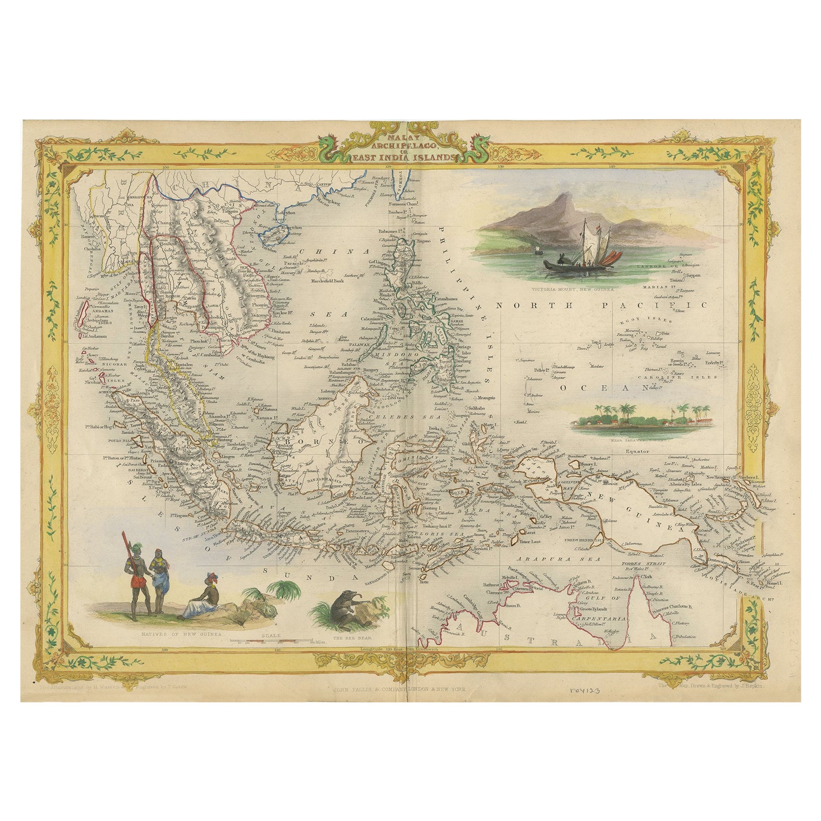 Decorative Antique Map of the Malay Archipelago or East Indies Island, 1851 For Sale