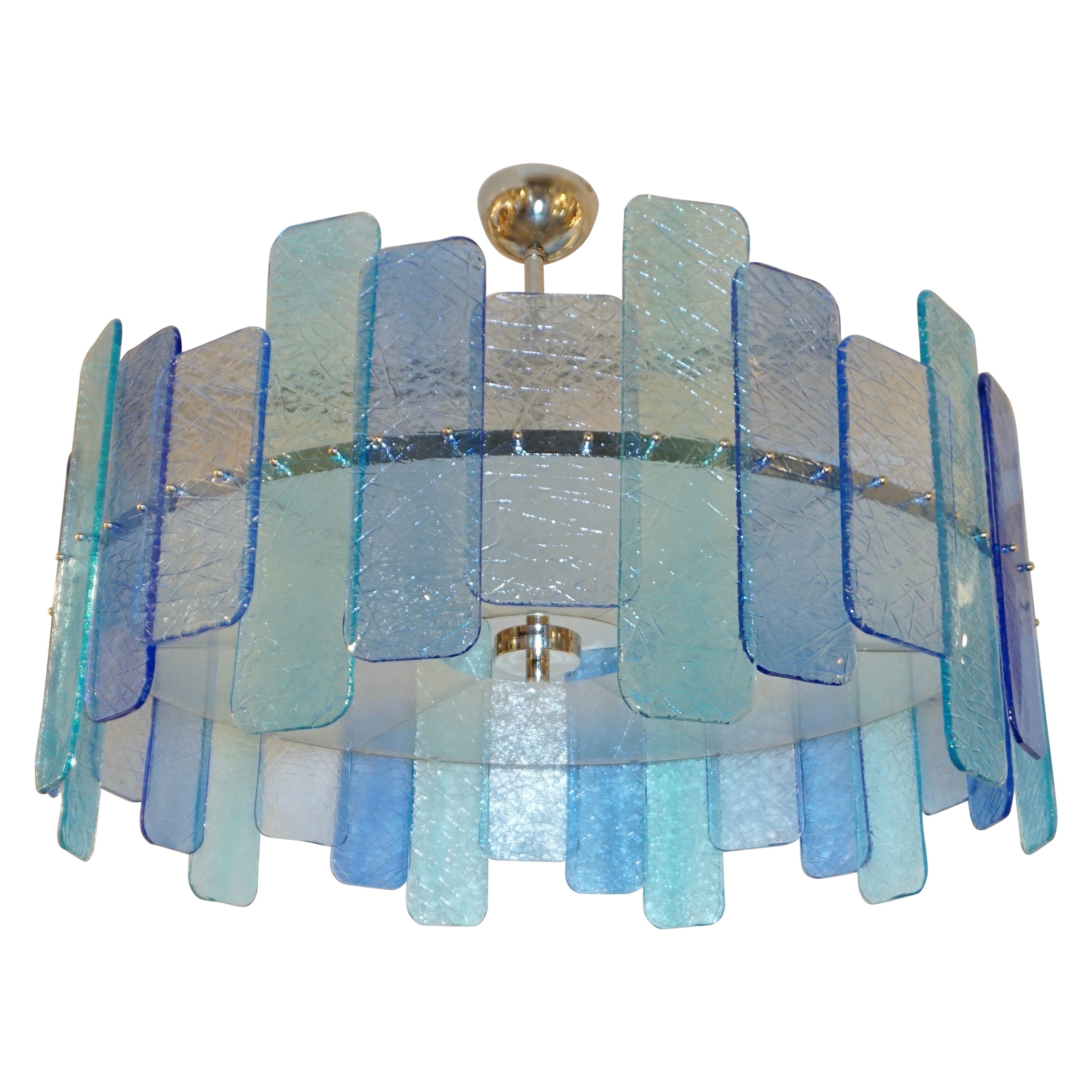 Lustre/Monture de lustre italienne en verre de Murano à texture aigue-marine cobalt et bleu, fait sur mesure