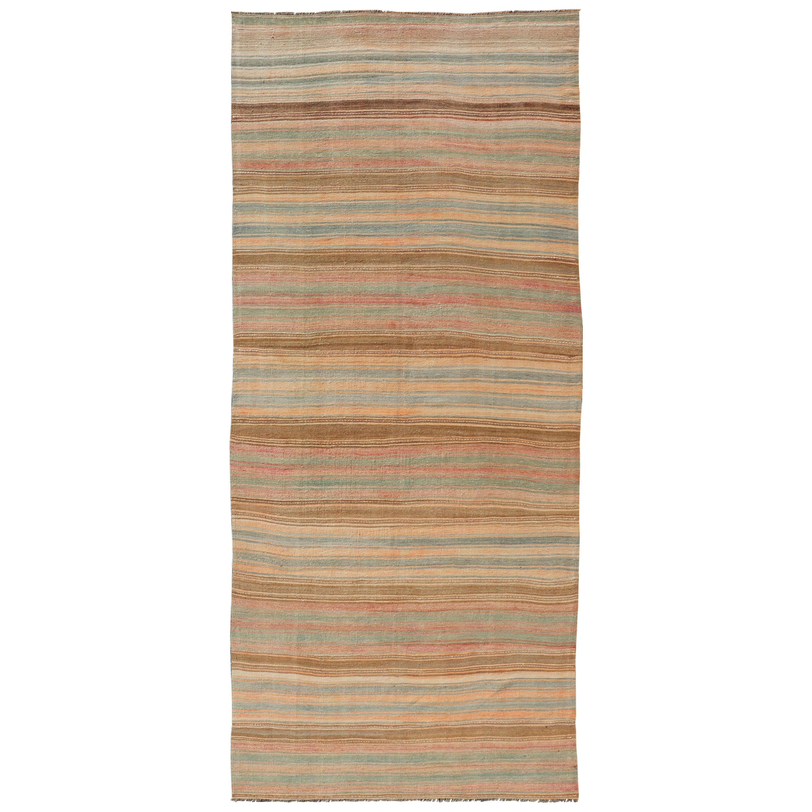 Vintage Long Colorful Kilim Gallery Runner with Stripe Design in Multi Colors For Sale