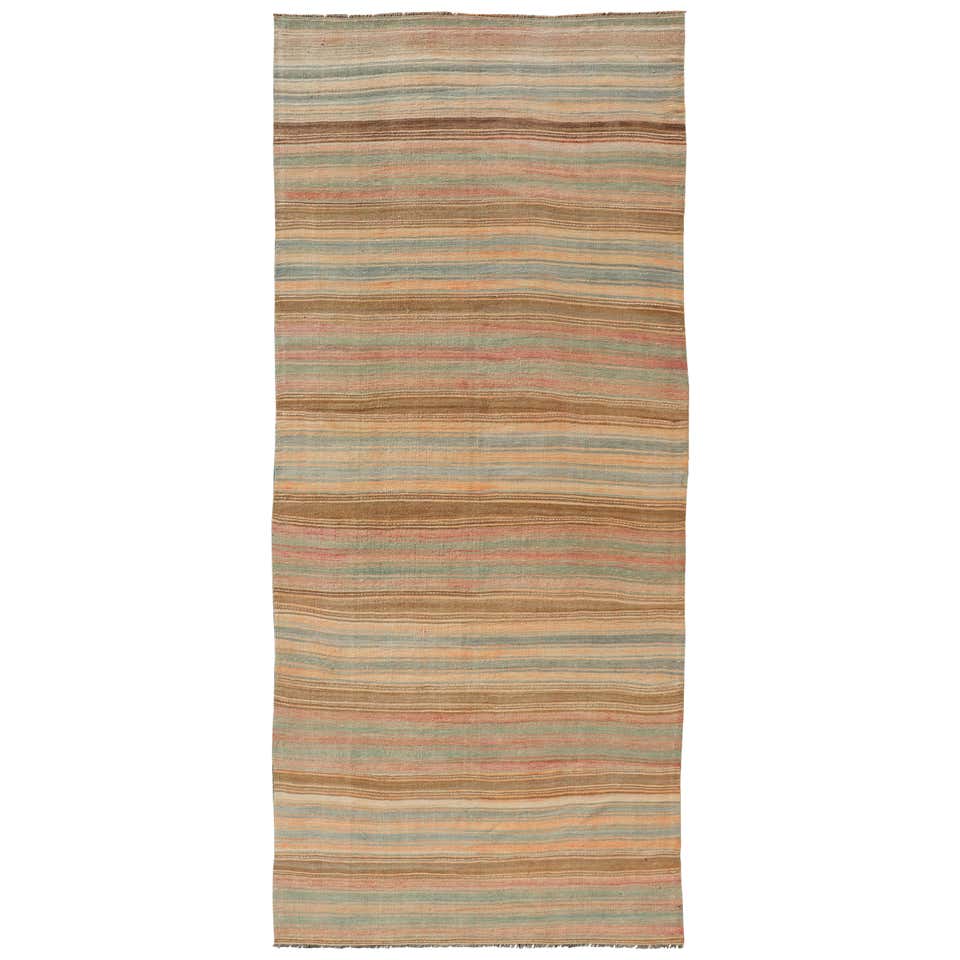 Antique American Hooked Runner with Diagonal Stripes in Multi Colors ...