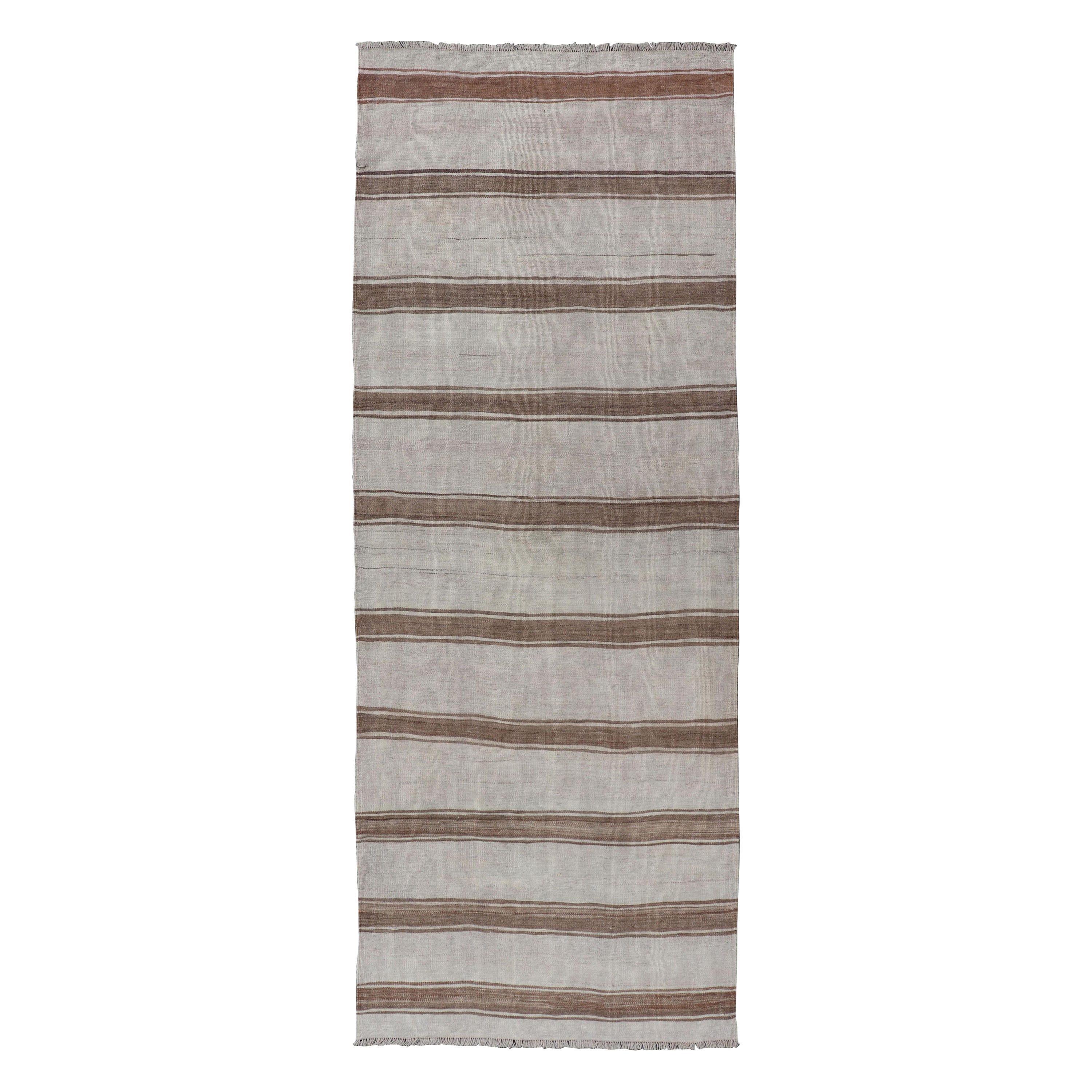 Minimalist Design Vintage Turkish Kilim Runner with Grey, Brown and Taupe For Sale