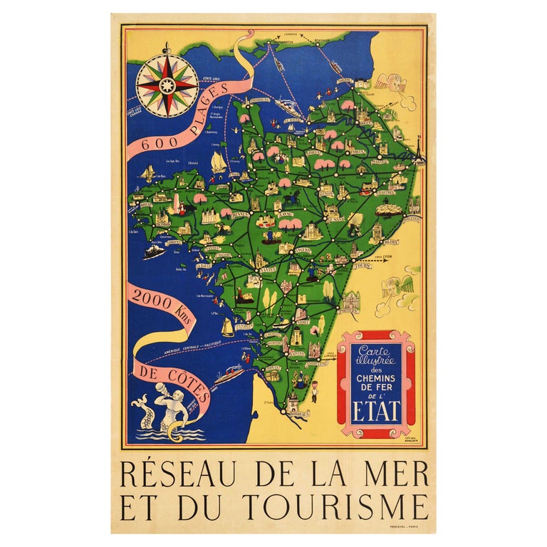 Original Vintage Illustrated Map Poster Railway Travel Normandy Brittany Paris For Sale