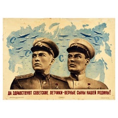 Original Vintage Poster Soviet Hero Pilots Loyal Sons Of Homeland USSR Air Force
