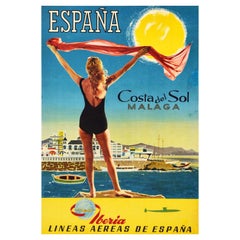 Original Vintage Iberia Air Travel Poster For Costa Del Sol Malaga Espana Spain