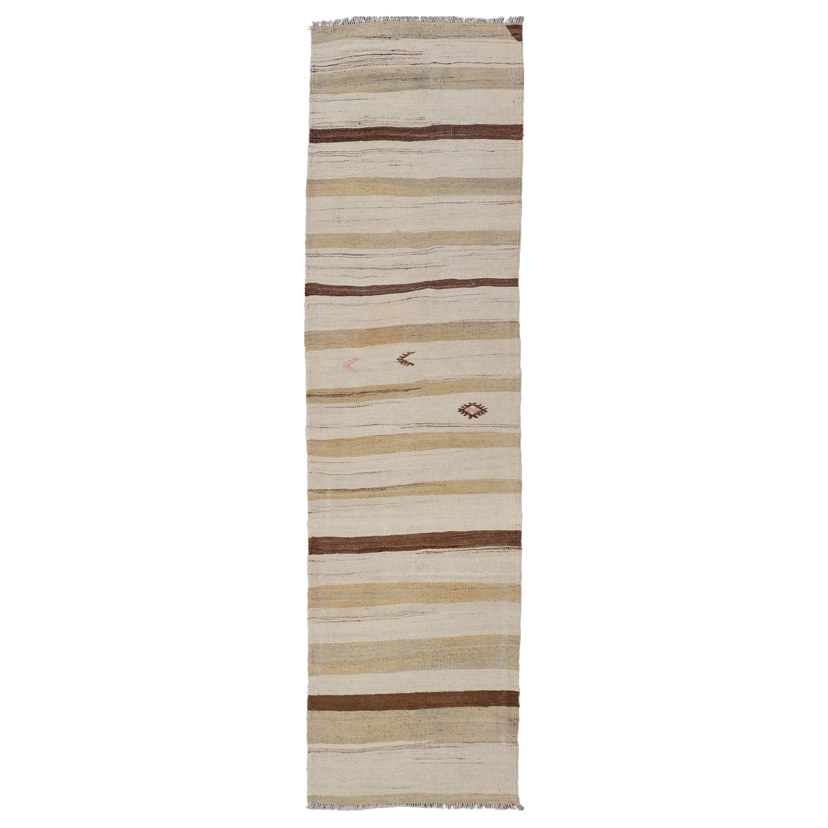 Alfombra Turca Kilim Vintage de Diseño Minimalista con Cremas, Marrones y Topos